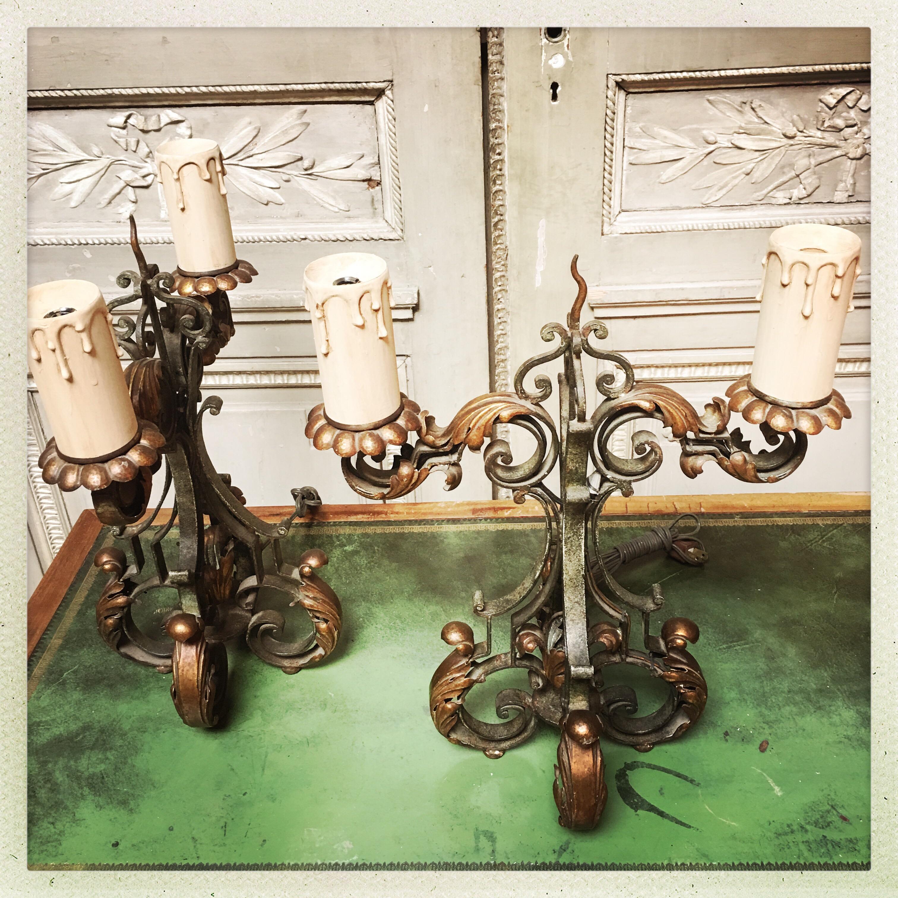20th Century Pair of French Forged Iron Candelabra For Sale
