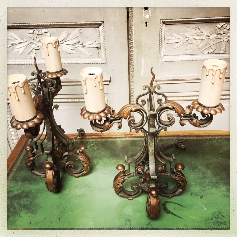 Pair of French Iron Candelabra For Sale at 1stDibs