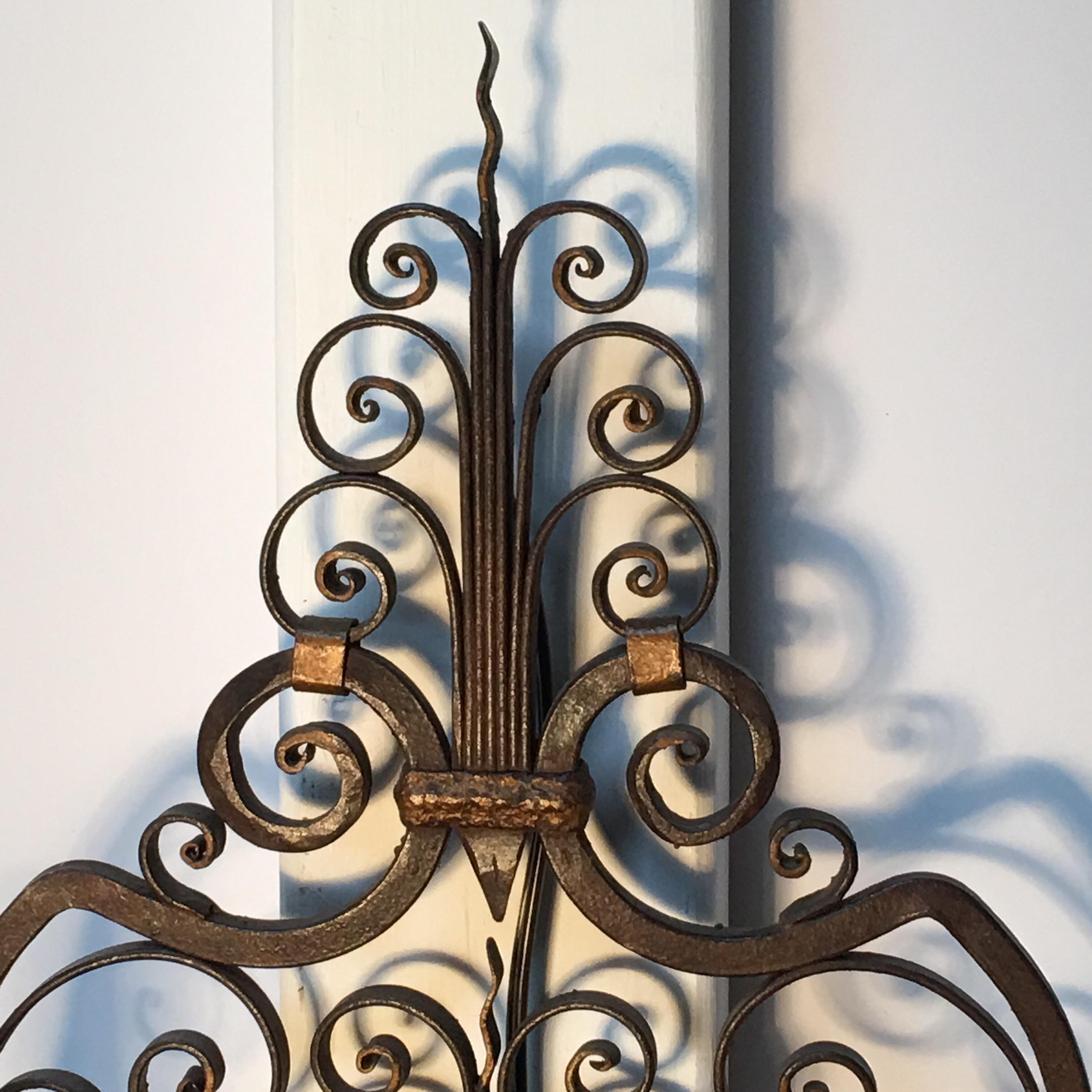 Pair of French Forged Iron Wall Sconces In Good Condition For Sale In Dallas, TX