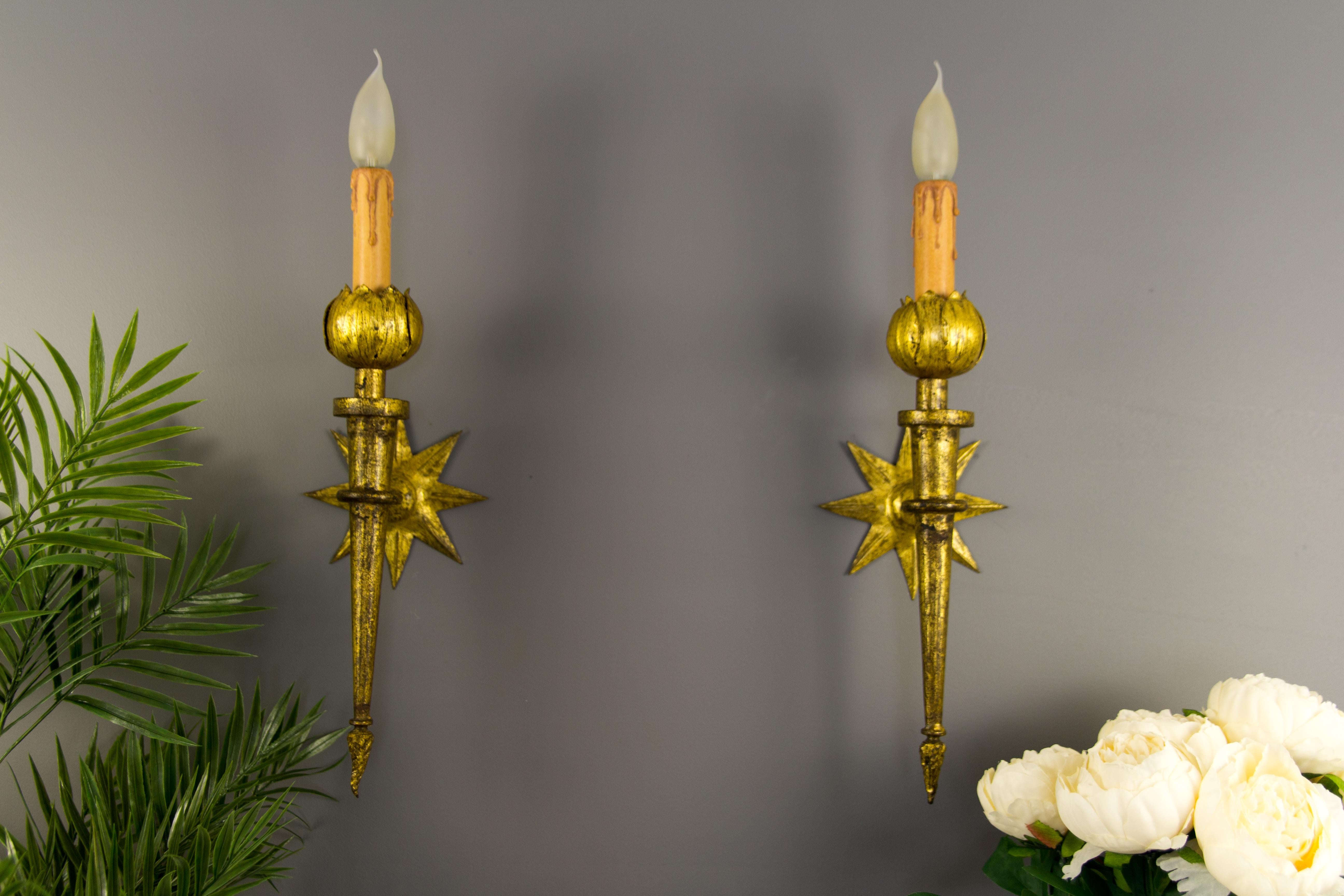 Mid-20th Century Pair of French Gilded Iron Sconces after Gilbert Poillerat