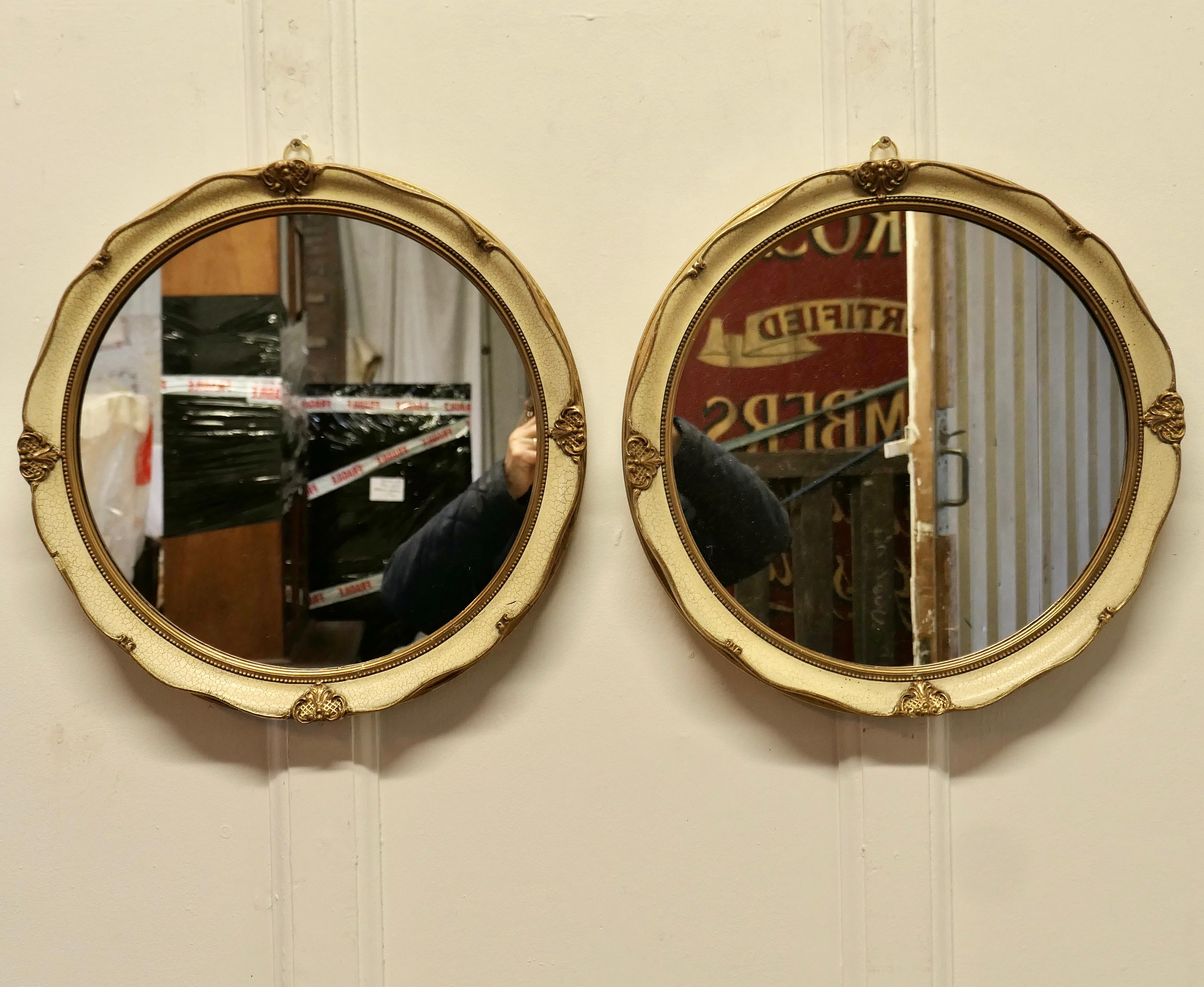 French Provincial A Pair of French Gilt and Cream Crackle Finish Wall Mirrors   For Sale