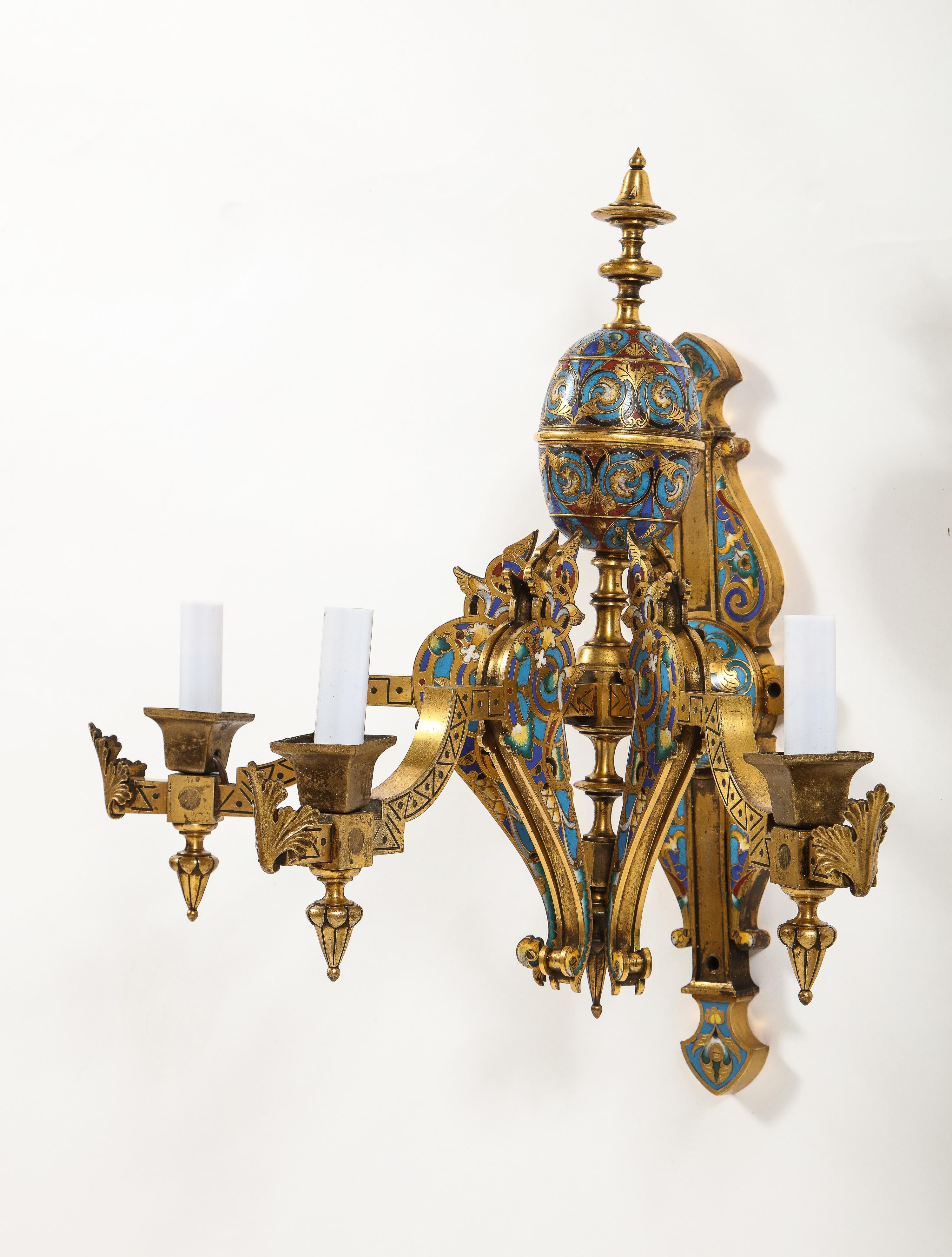 Pair of French Gilt Bronze and Multi-Color Champleve Enamel 3-Arm Wall Sconces For Sale 5