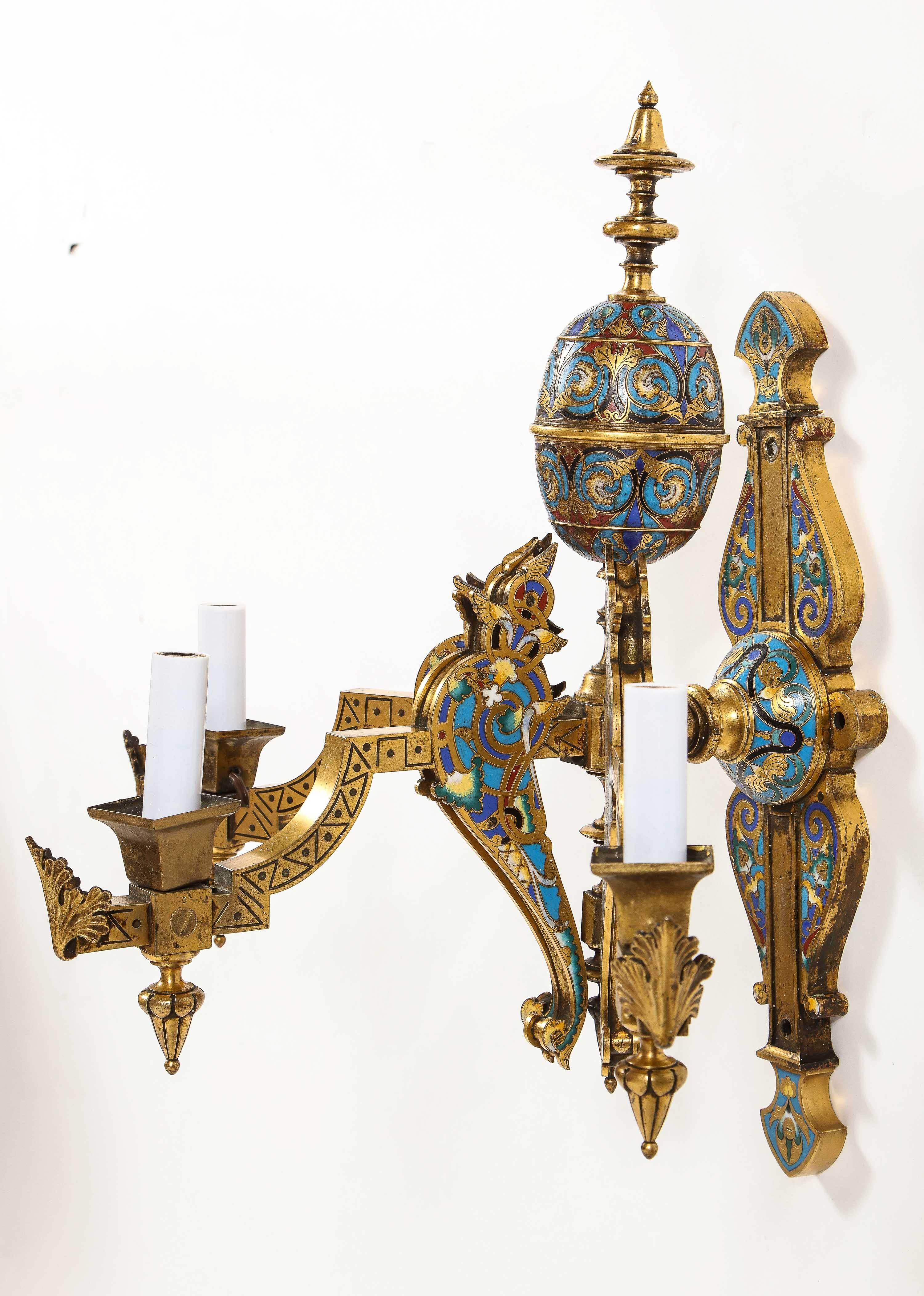 Pair of French Gilt Bronze and Multi-Color Champleve Enamel 3-Arm Wall Sconces For Sale 6