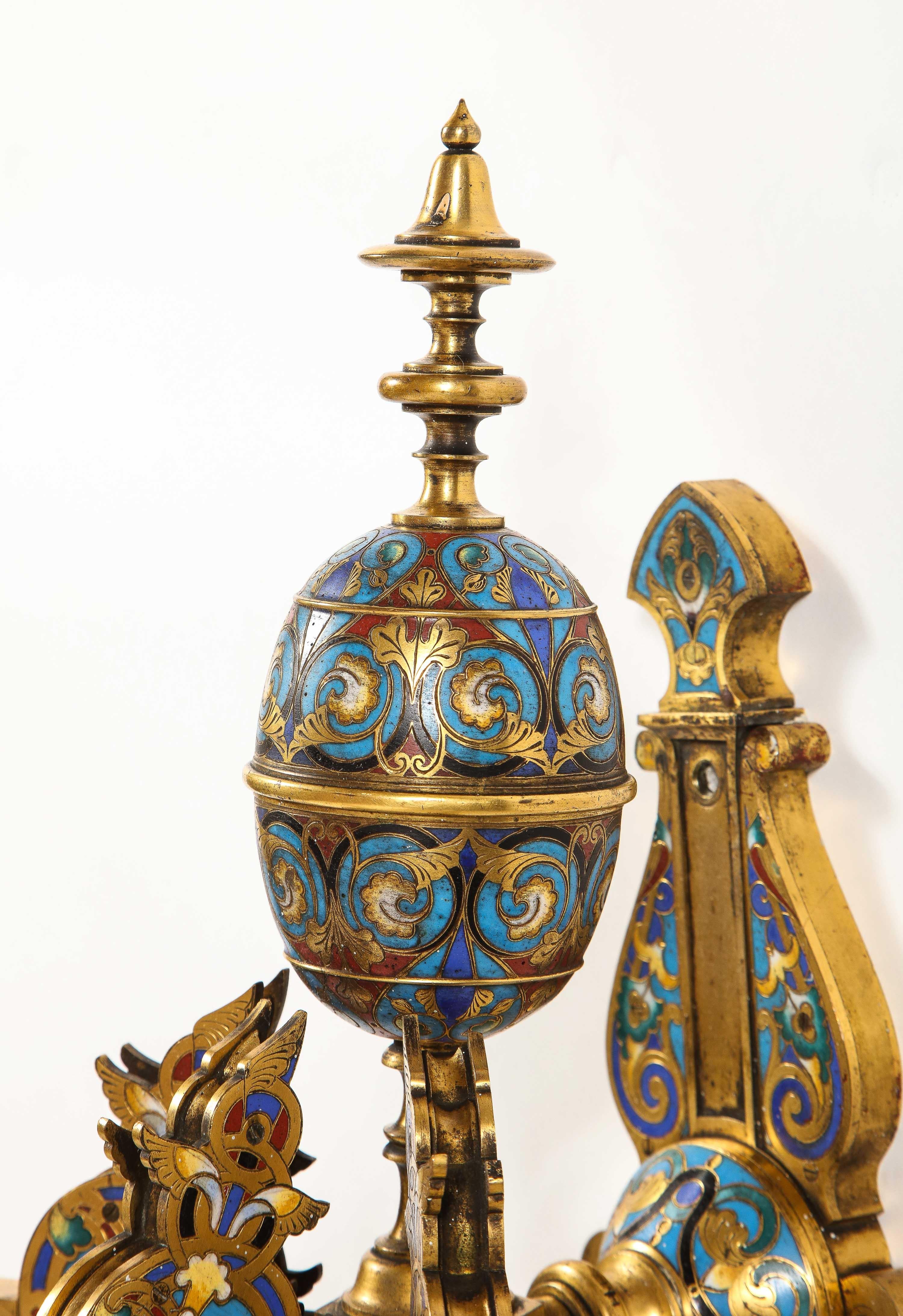 Pair of French Gilt Bronze and Multi-Color Champleve Enamel 3-Arm Wall Sconces For Sale 7