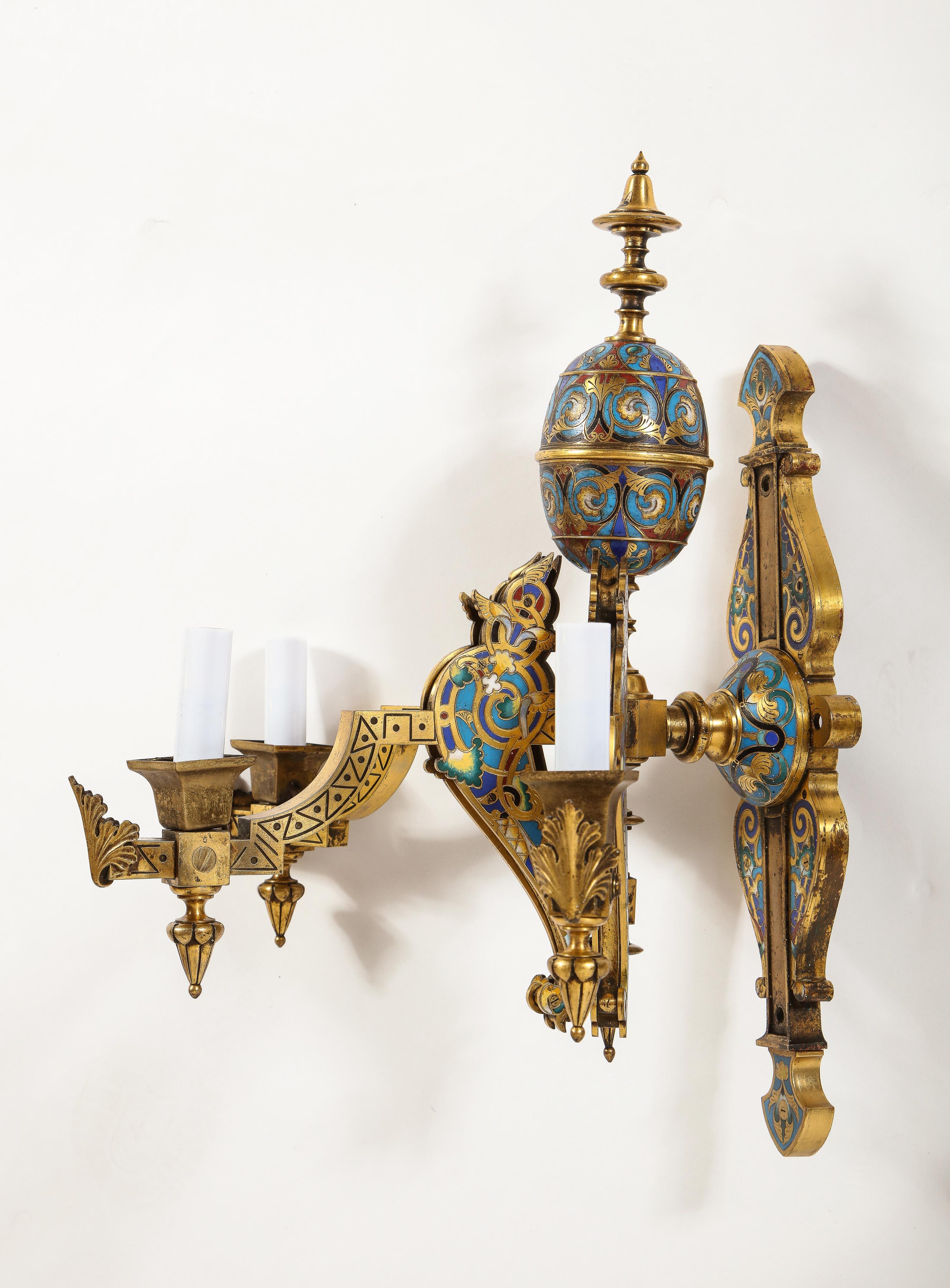 Pair of French Gilt Bronze and Multi-Color Champleve Enamel 3-Arm Wall Sconces For Sale 9