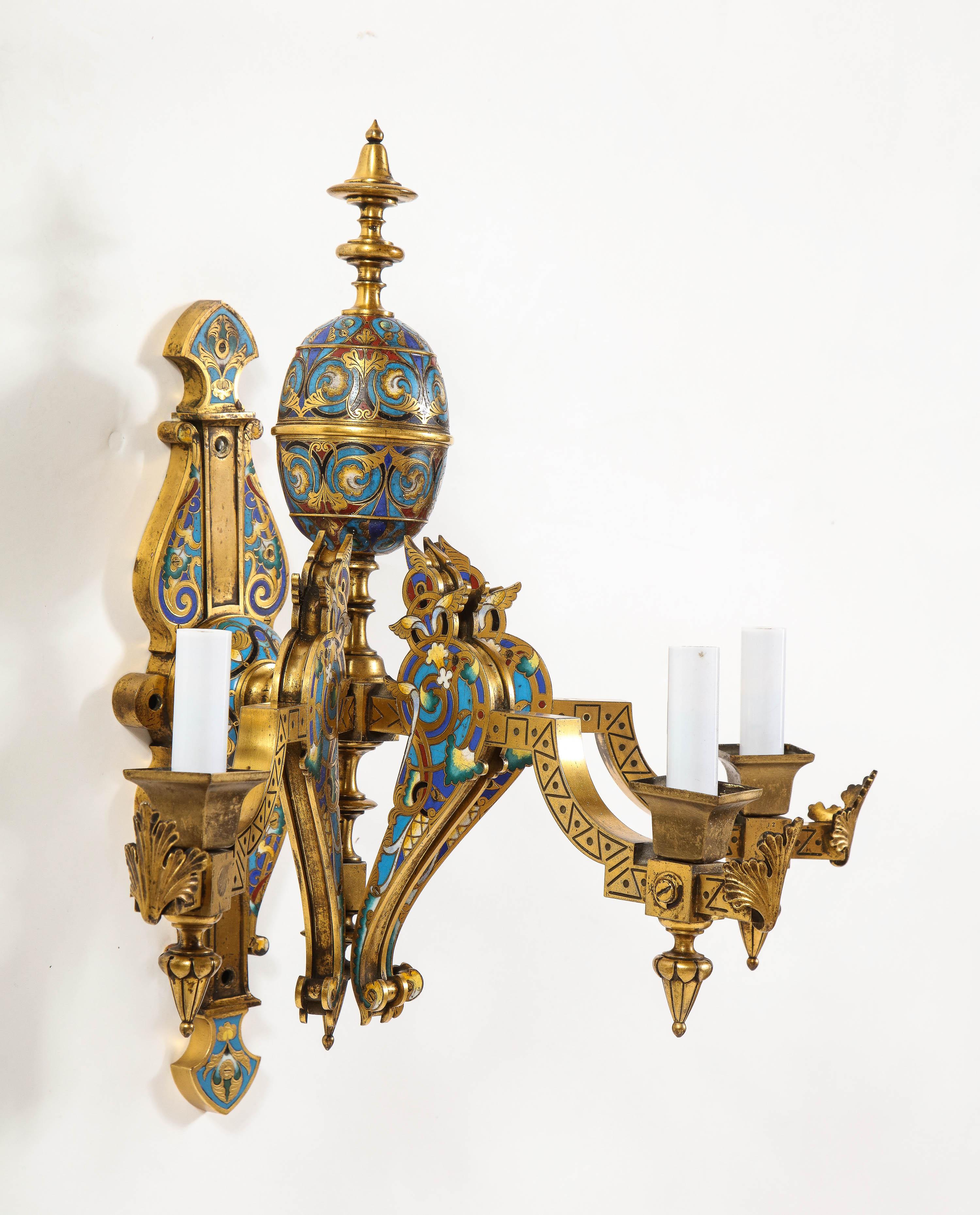 Moorish Pair of French Gilt Bronze and Multi-Color Champleve Enamel 3-Arm Wall Sconces For Sale