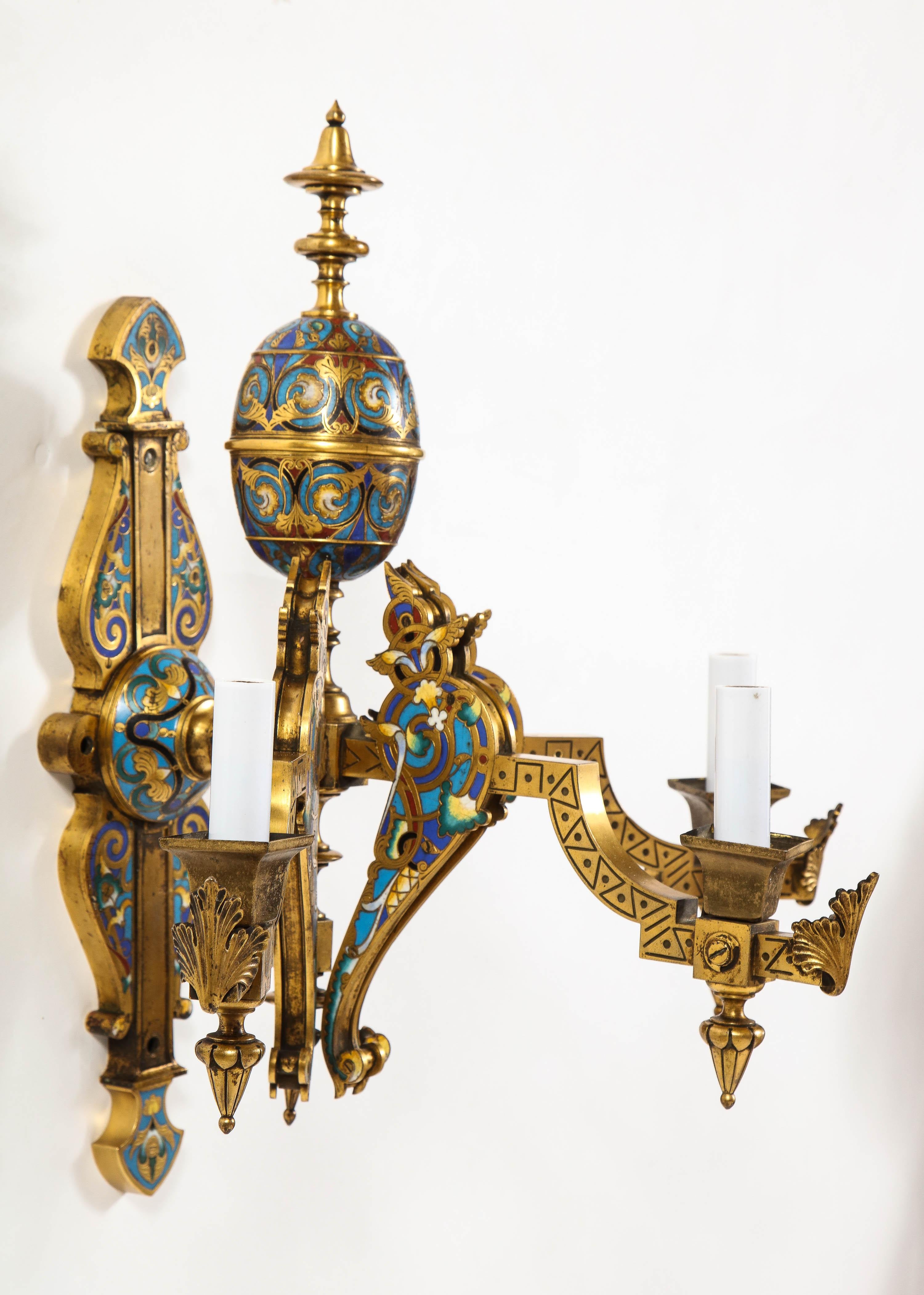 Enameled Pair of French Gilt Bronze and Multi-Color Champleve Enamel 3-Arm Wall Sconces For Sale