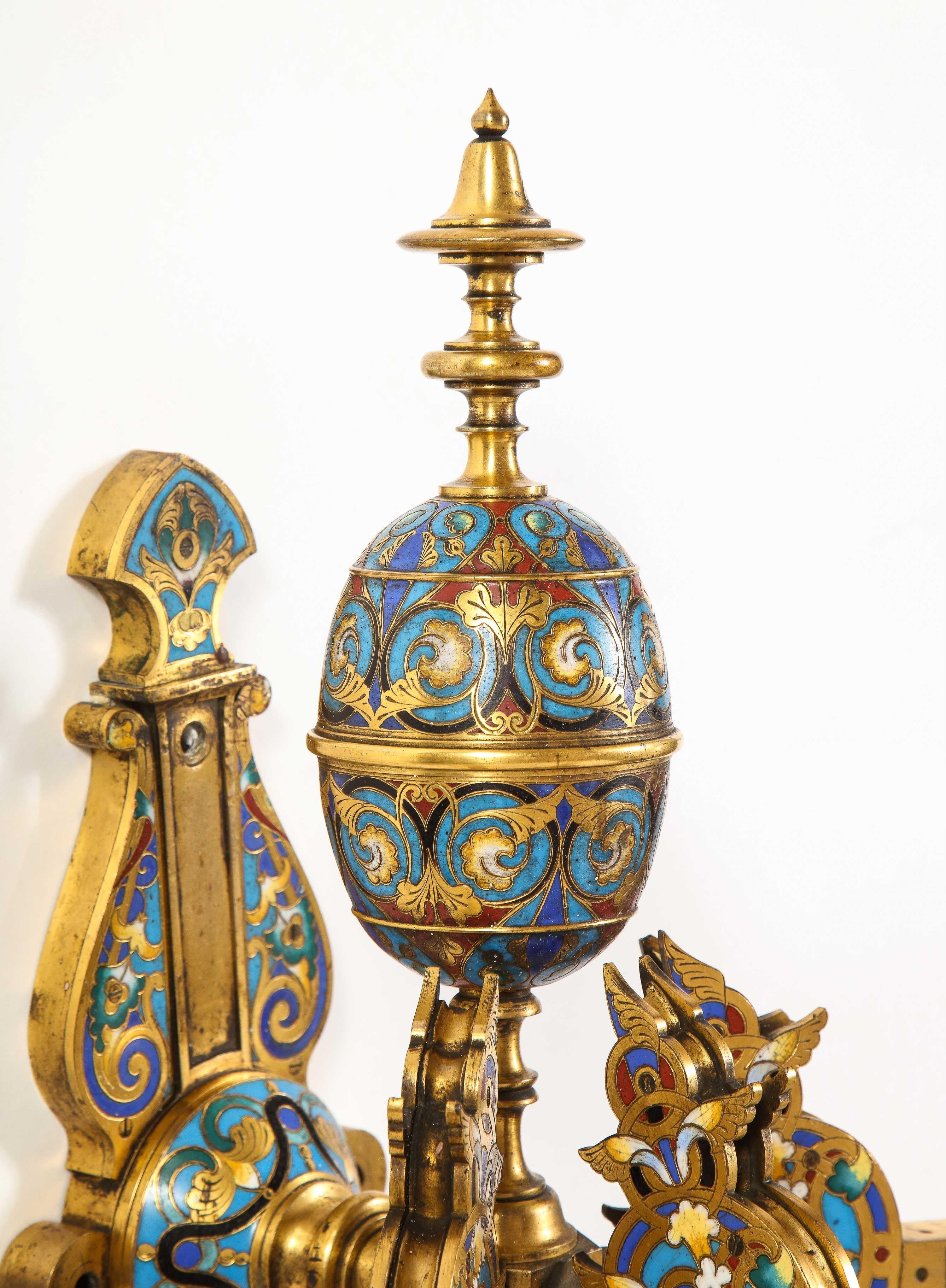 Pair of French Gilt Bronze and Multi-Color Champleve Enamel 3-Arm Wall Sconces In Good Condition For Sale In New York, NY