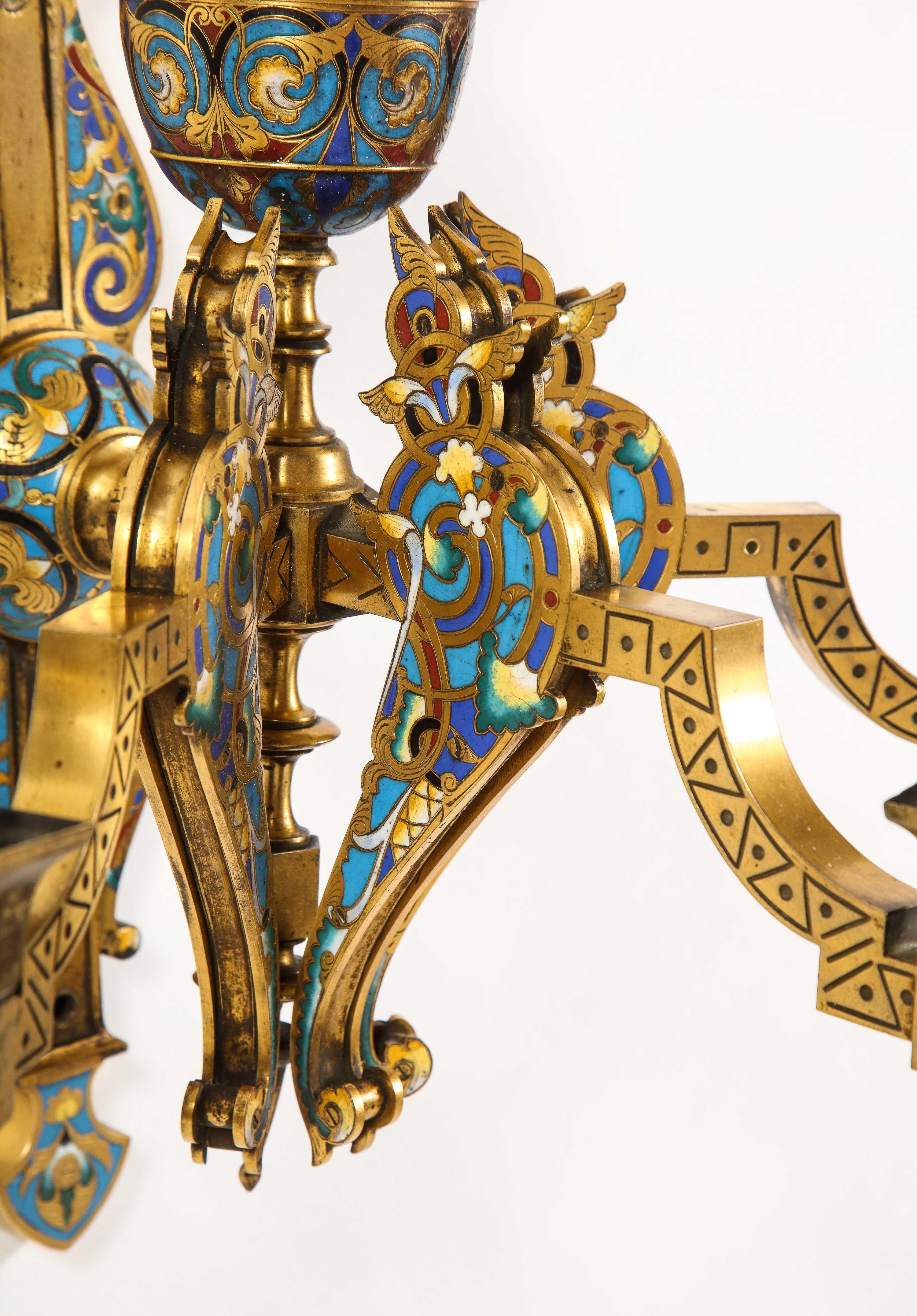 19th Century Pair of French Gilt Bronze and Multi-Color Champleve Enamel 3-Arm Wall Sconces For Sale