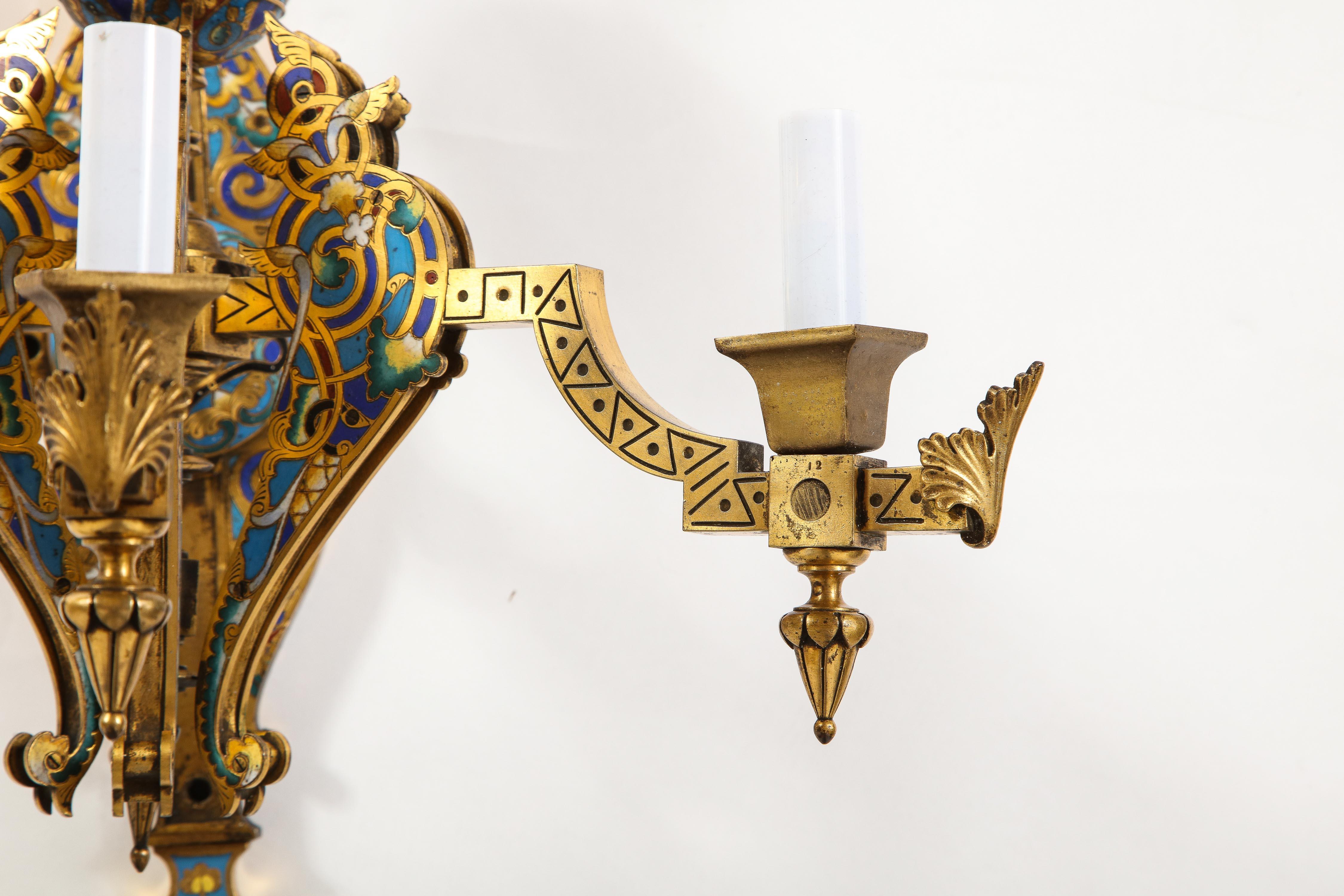 Pair of French Gilt Bronze and Multi-Color Champleve Enamel 3-Arm Wall Sconces For Sale 2