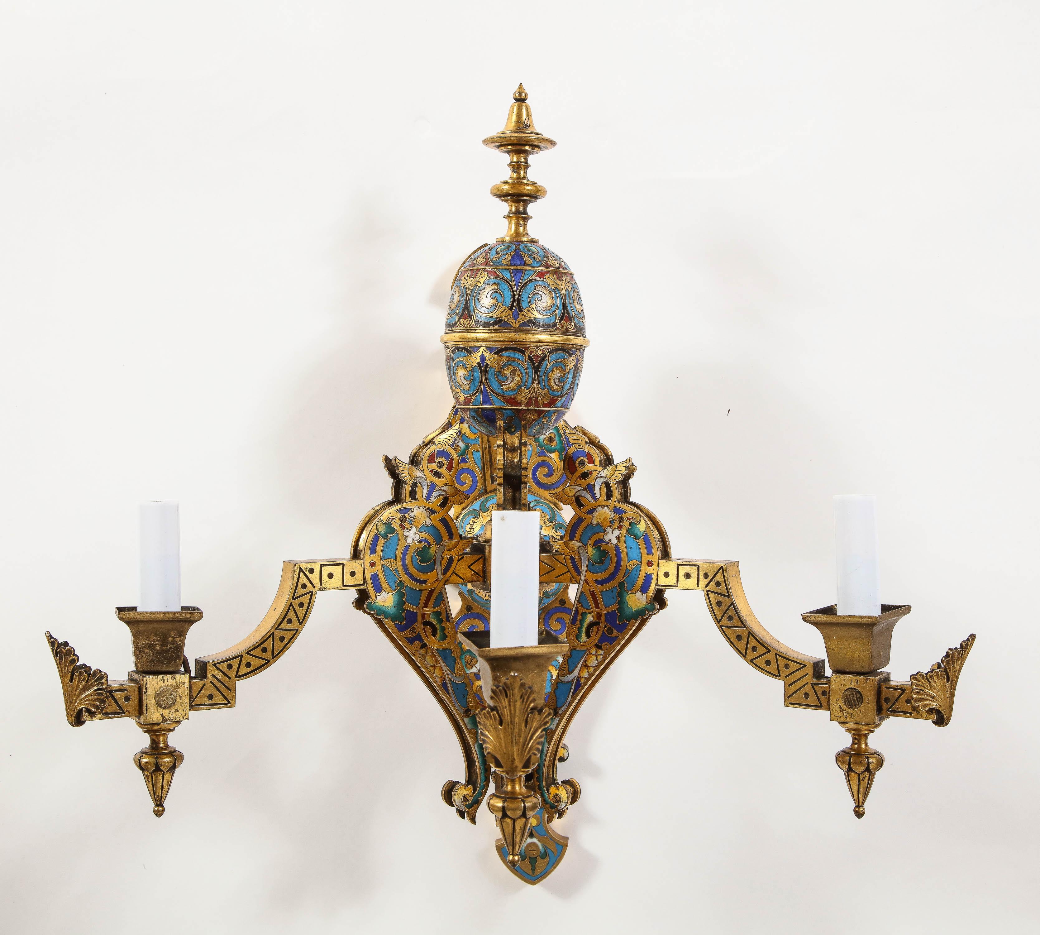 Pair of French Gilt Bronze and Multi-Color Champleve Enamel 3-Arm Wall Sconces For Sale 3