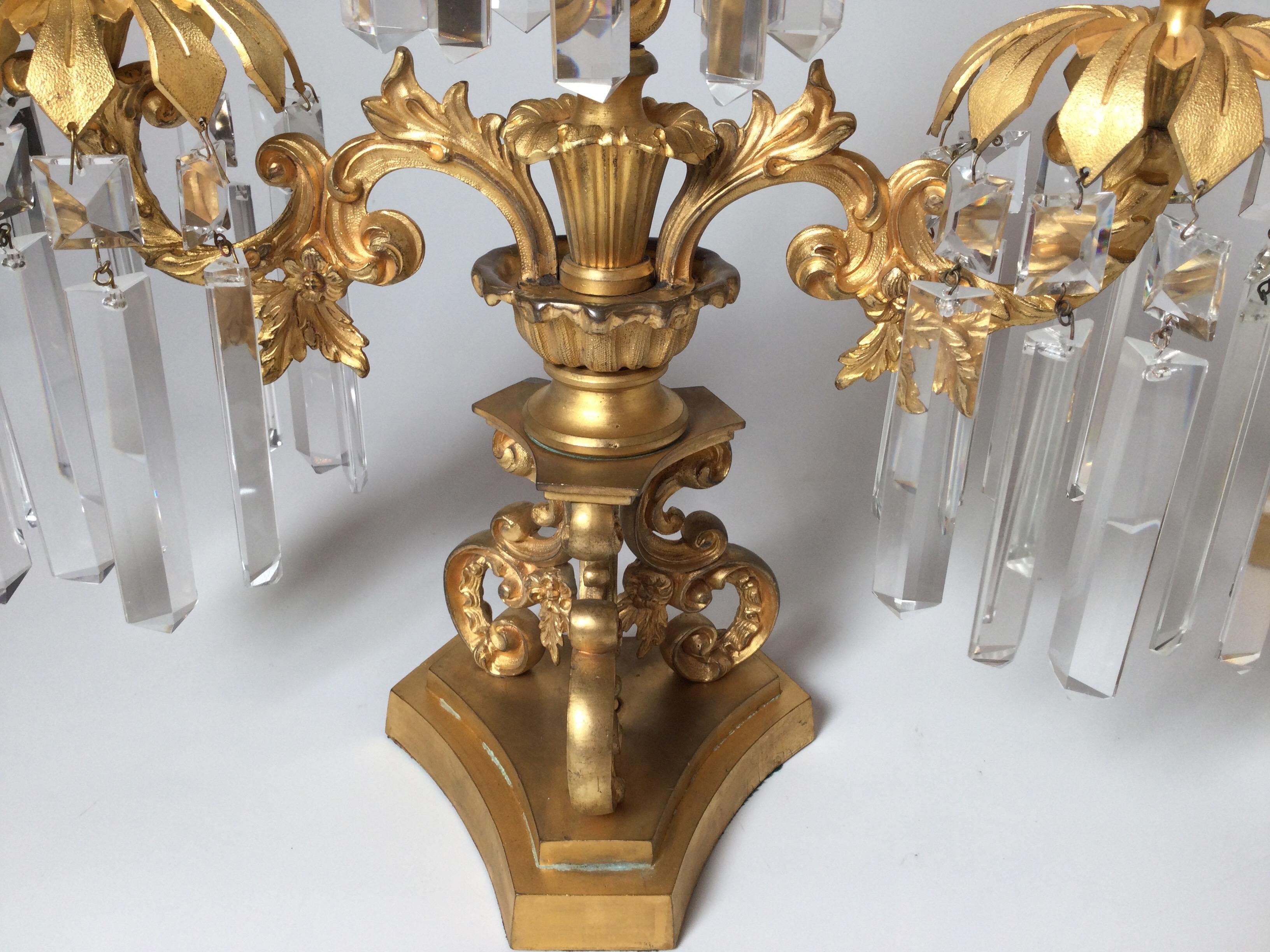 Late 19th Century Pair of French Gilt Bronze Lusters Candelabra, 19th Century