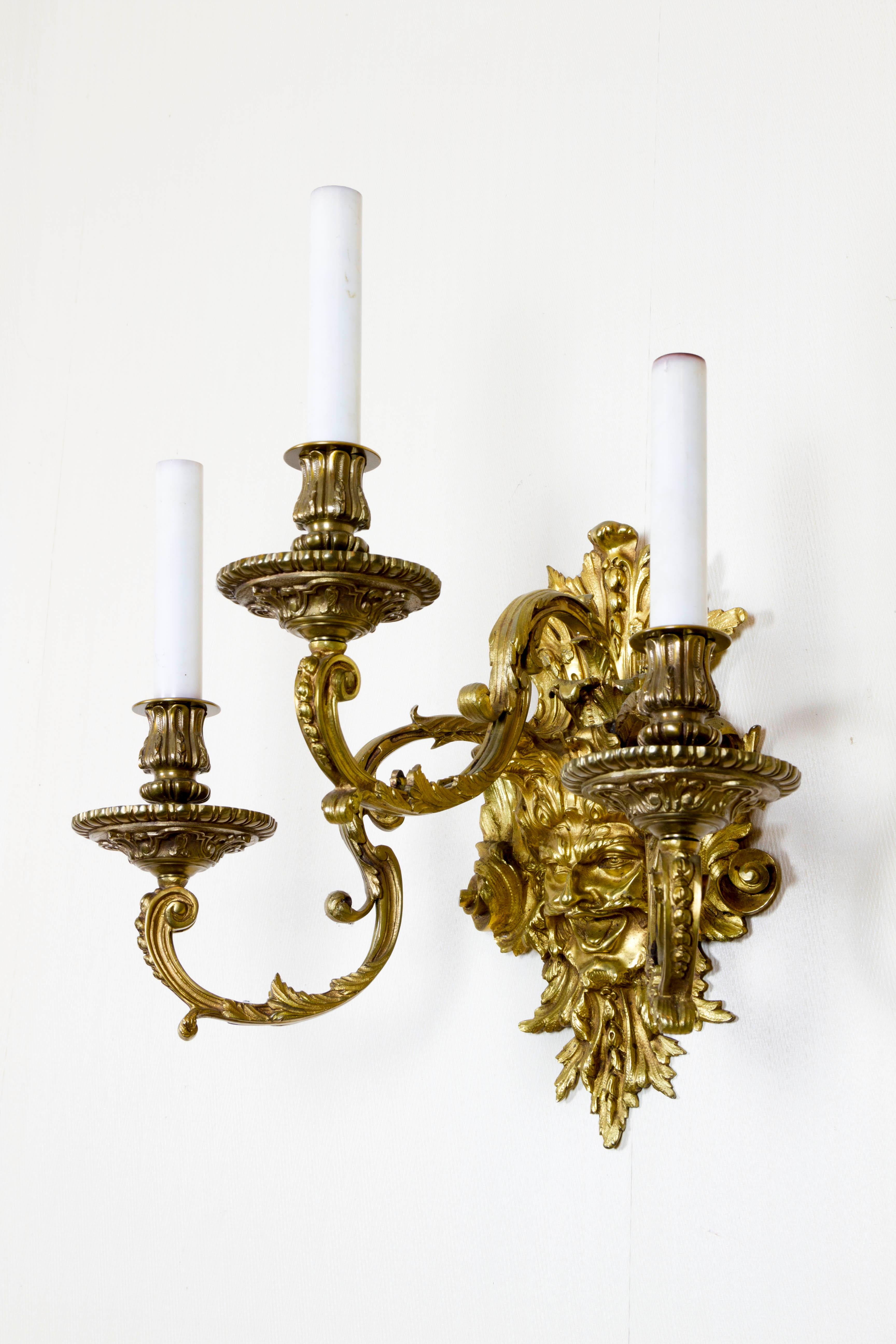 Louis XIV Pair of French Gilt Bronze Wall Sconces with Mascarons, After A.Ch. Boulle For Sale