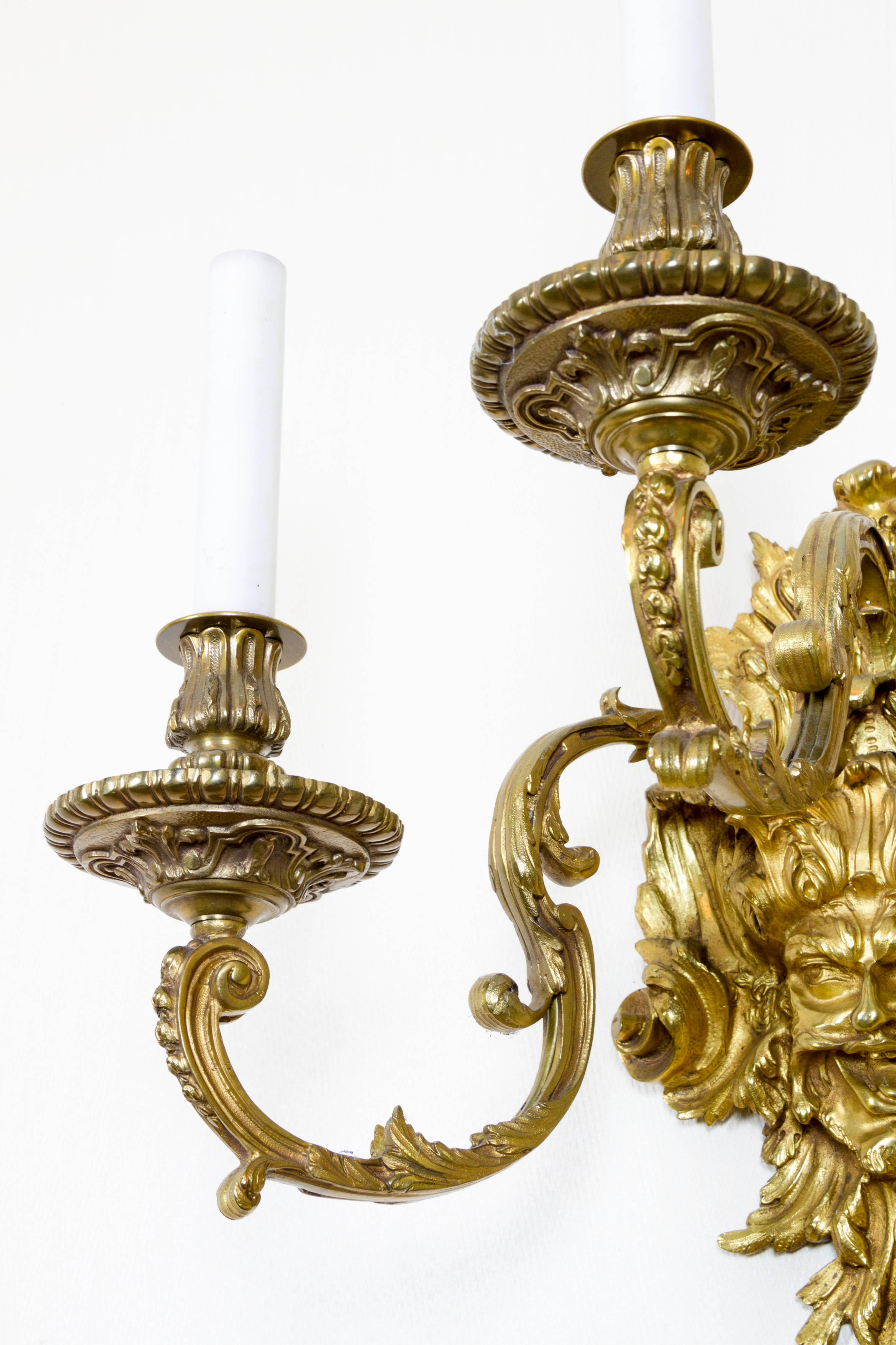 19th Century Pair of French Gilt Bronze Wall Sconces with Mascarons, After A.Ch. Boulle For Sale