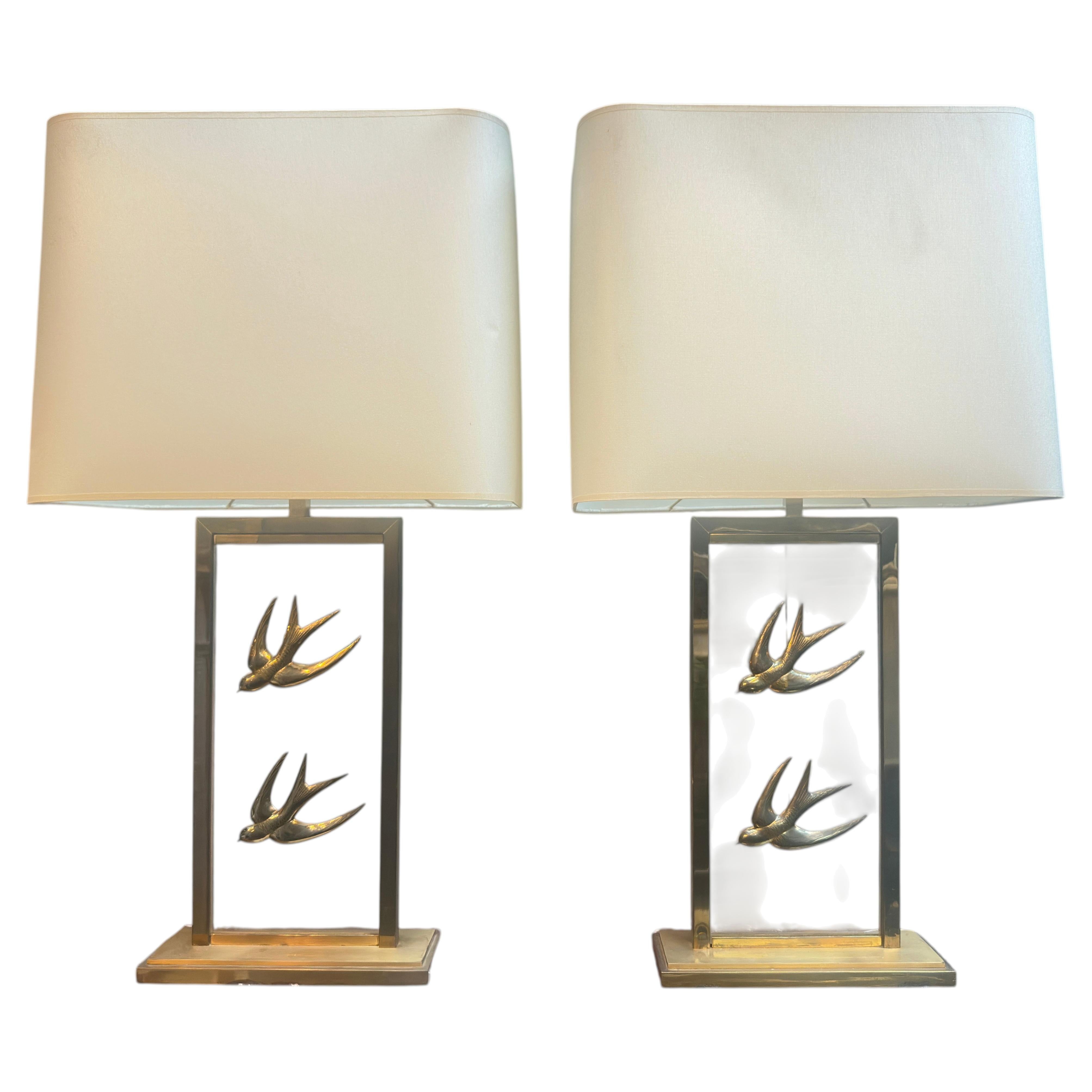 A Pair Of French Glass And Brass Decorative Table Lamps For Sale