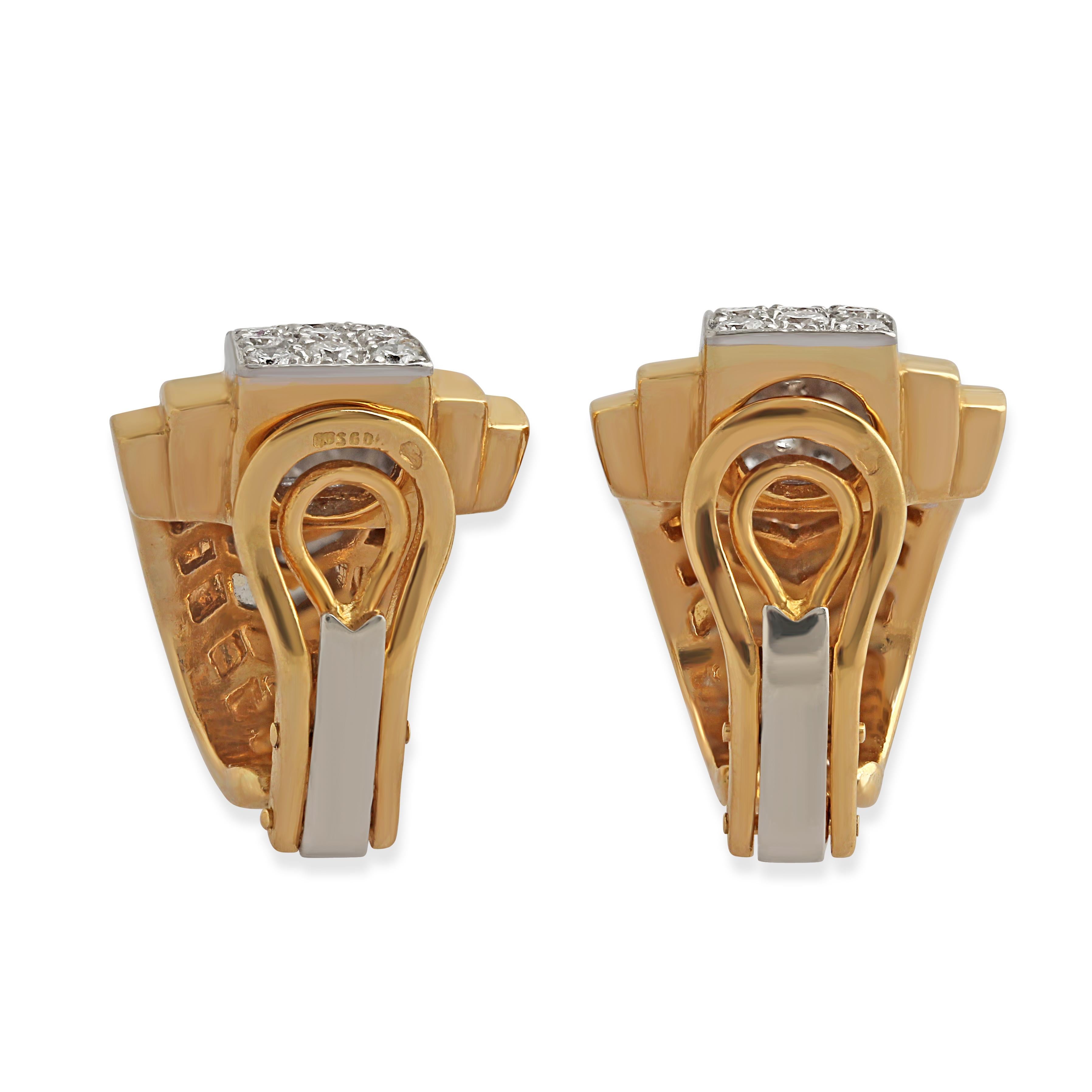 Round Cut Pair of French Gold & Diamond Clip Earrings For Sale