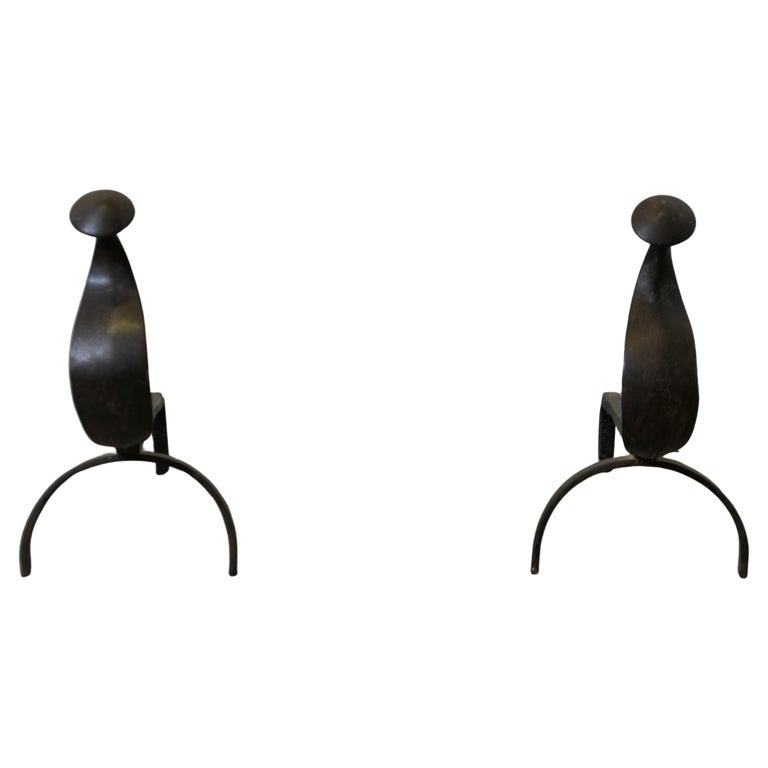 A Pair of French Black Brushed Metal Andirons A Pair of French Black Brushed Metal Andirons