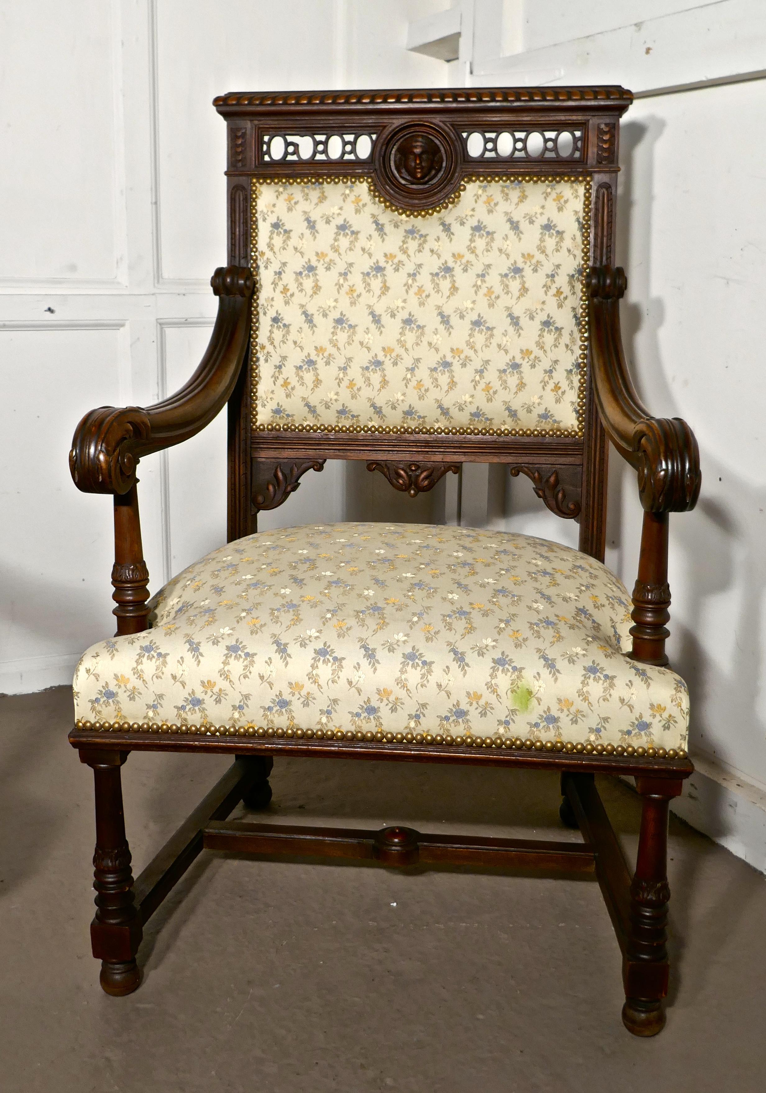 19th Century Pair of French Gothic Walnut Library Throne Chairs