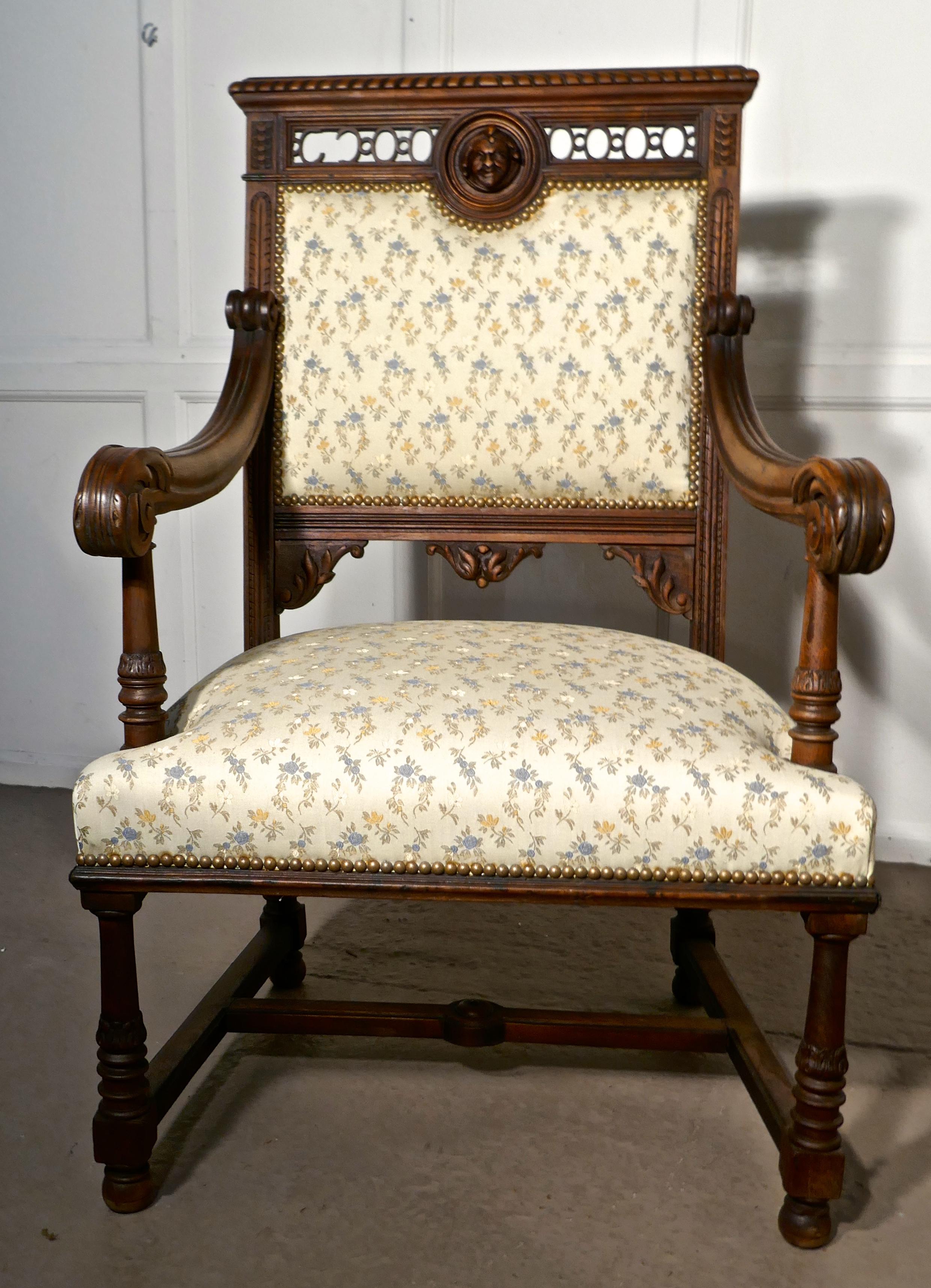 Pair of French Gothic Walnut Library Throne Chairs 1