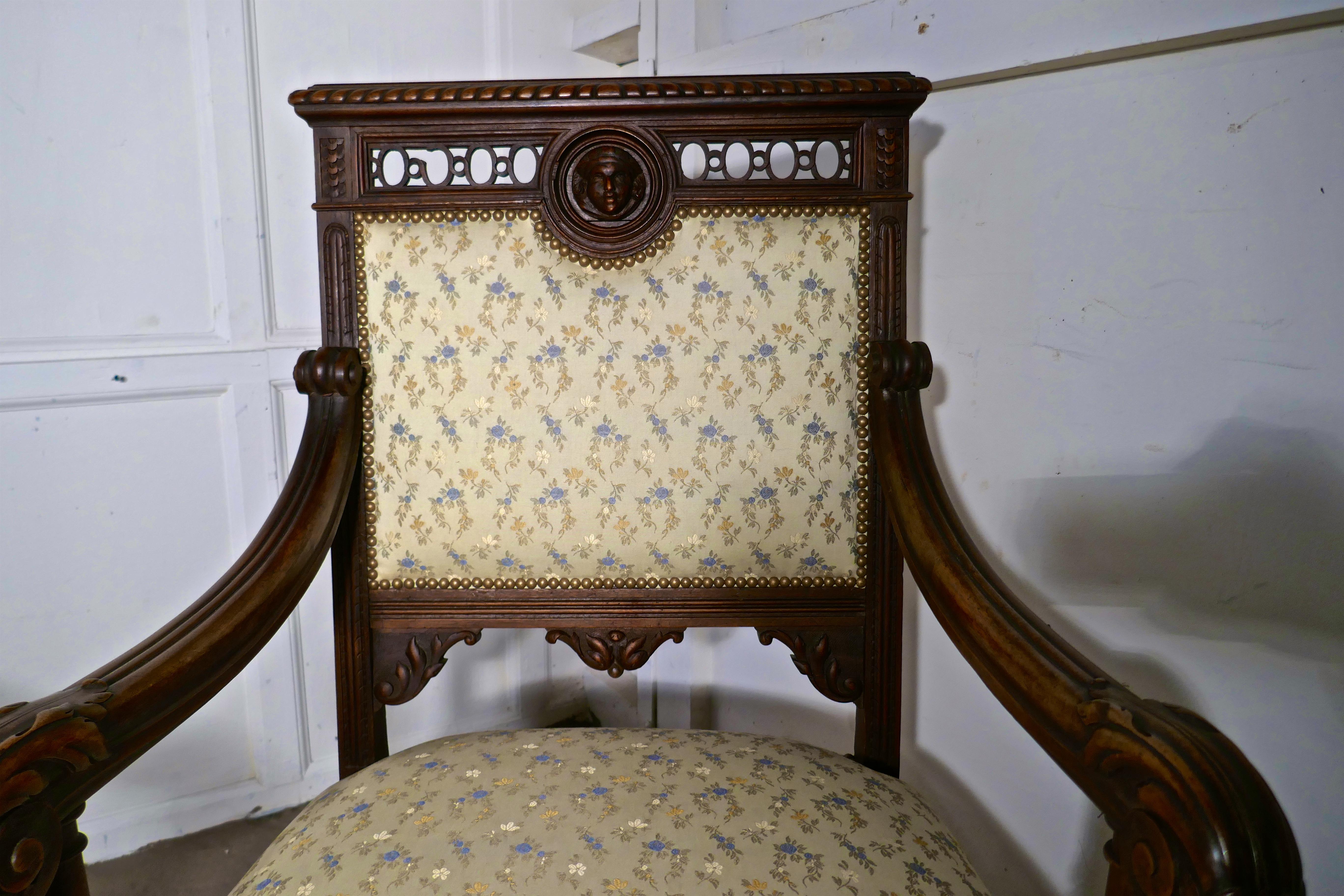 Pair of French Gothic Walnut Library Throne Chairs 2