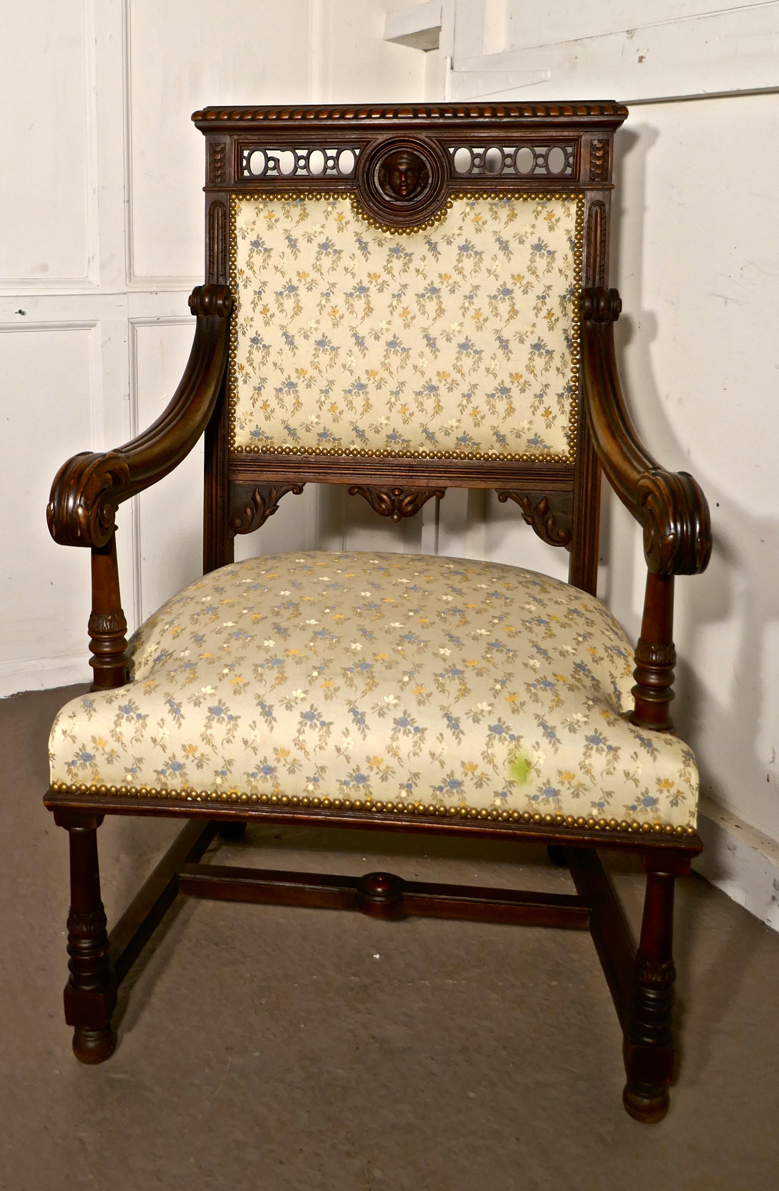 Pair of French Gothic Walnut Library Throne Chairs 3