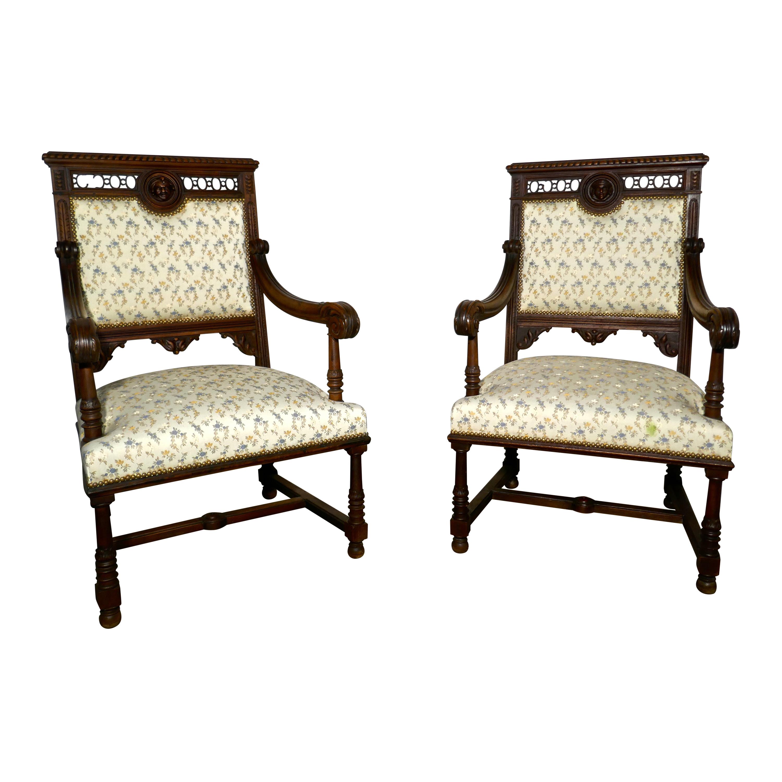 Pair of French Gothic Walnut Library Throne Chairs