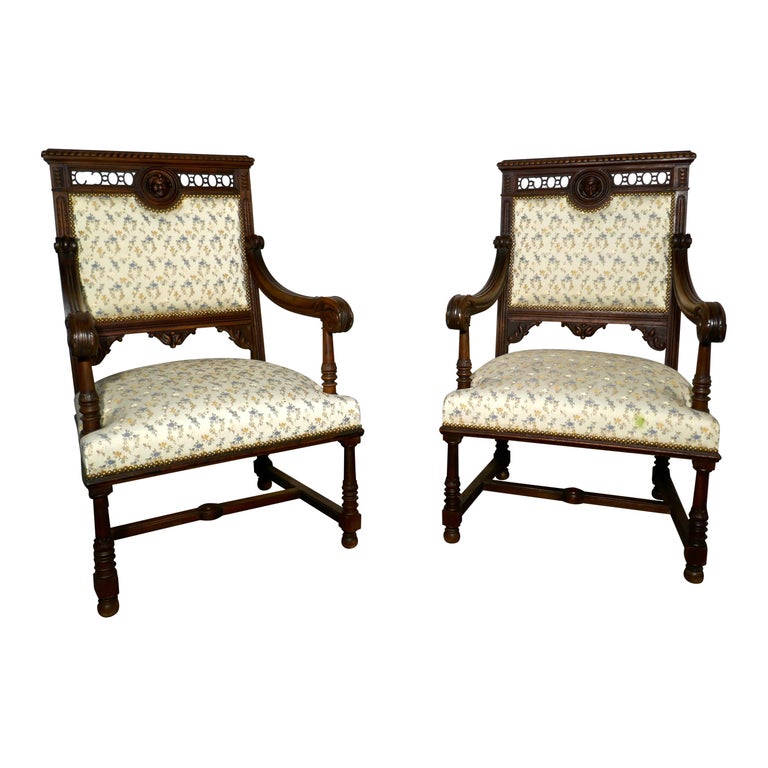 Pair Of French Gothic Walnut Library Throne Chairs For Sale At 1stdibs
