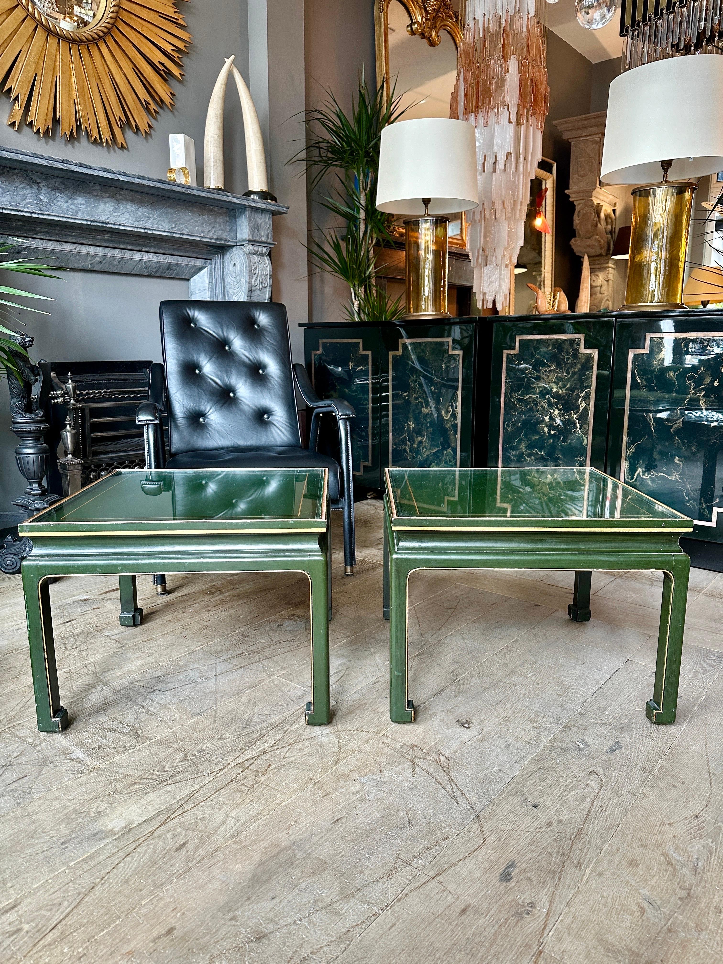 A pair of stylish French side tables in the Chinese taste in green with gold gilt accents. Having sunken glass tops with gilt border within,  the tables edged in gold leaf. Possibly by Maison Jansen, very good quality. Good scale and form, with