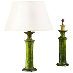 Pair of French Green Glaze Candlestick Lamps