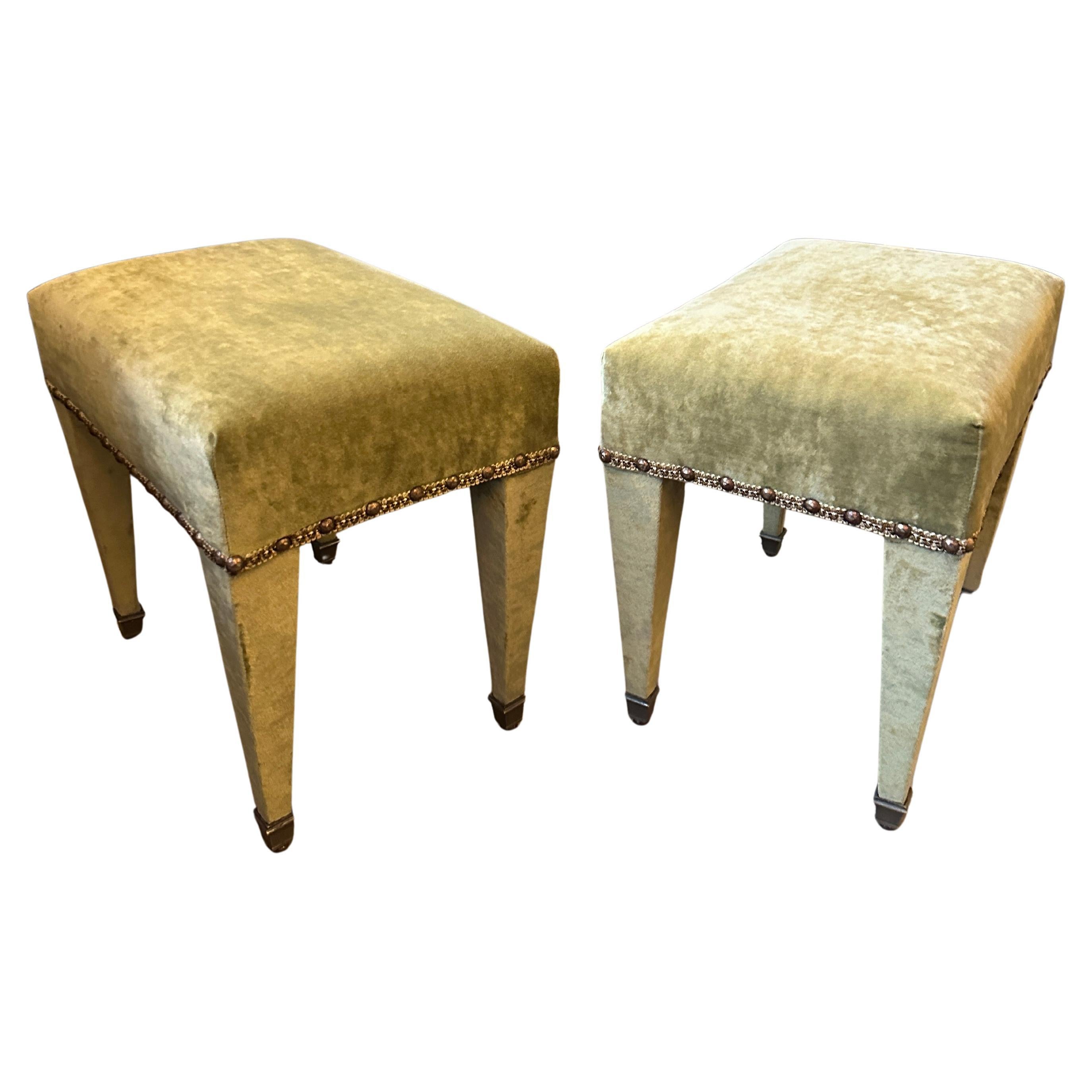 A Pair Of French Green Velvet And Brass Mid Century Foot stools For Sale