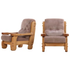 A Pair of French Heavy Oak Brutalist style Open Arm Chairs, C. 1960.