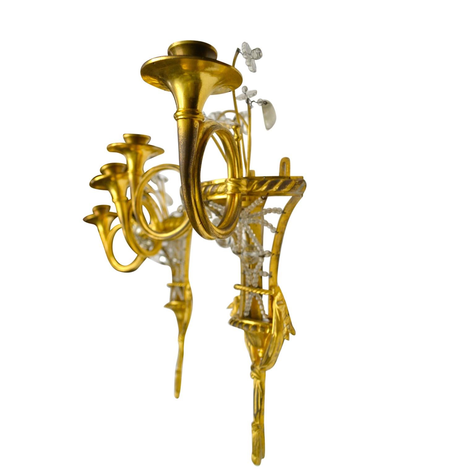 Crystal Pair of  19 Century French Horn Shaped Sconces For Sale