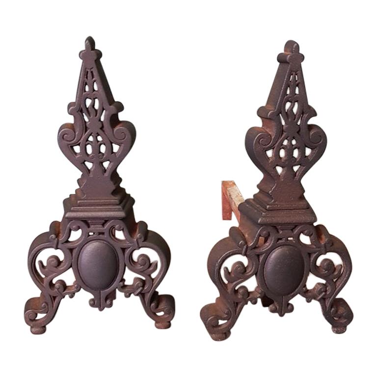 Pair of French Iron Andirons in a Neoclassical Style, Late 19th Century For Sale