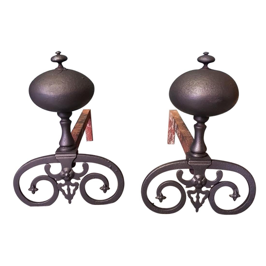 Pair of French Iron Andirons in Louis XIII Style, 20th Century For Sale