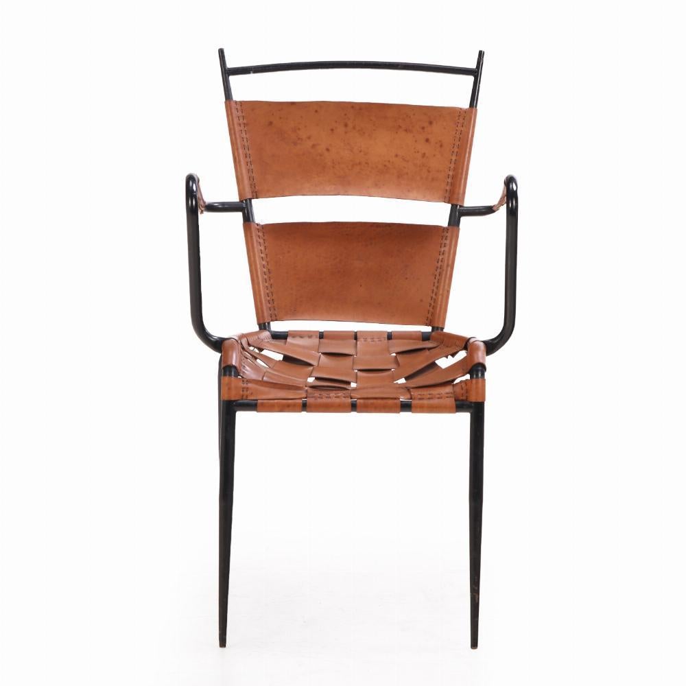 Leather A Pair of French iron & leather armchairs in manner of Jacques Adnet, C. 1950 For Sale