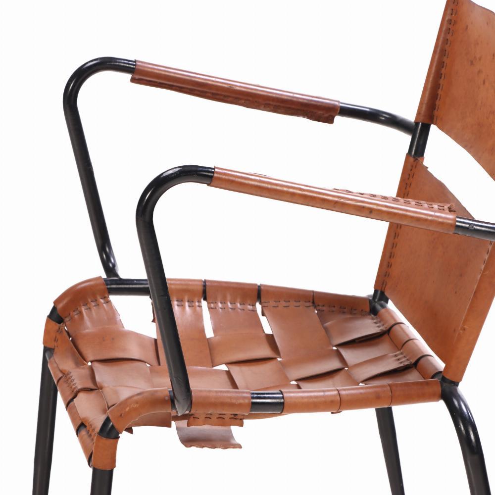 A Pair of French iron & leather armchairs in manner of Jacques Adnet, C. 1950 For Sale 1