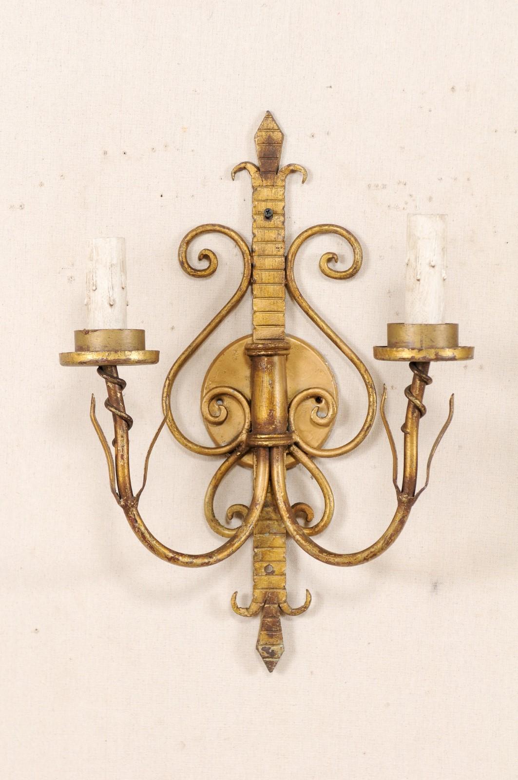 Pair of French Iron Scrolling Fleur de Lys Sconces In Good Condition In Atlanta, GA
