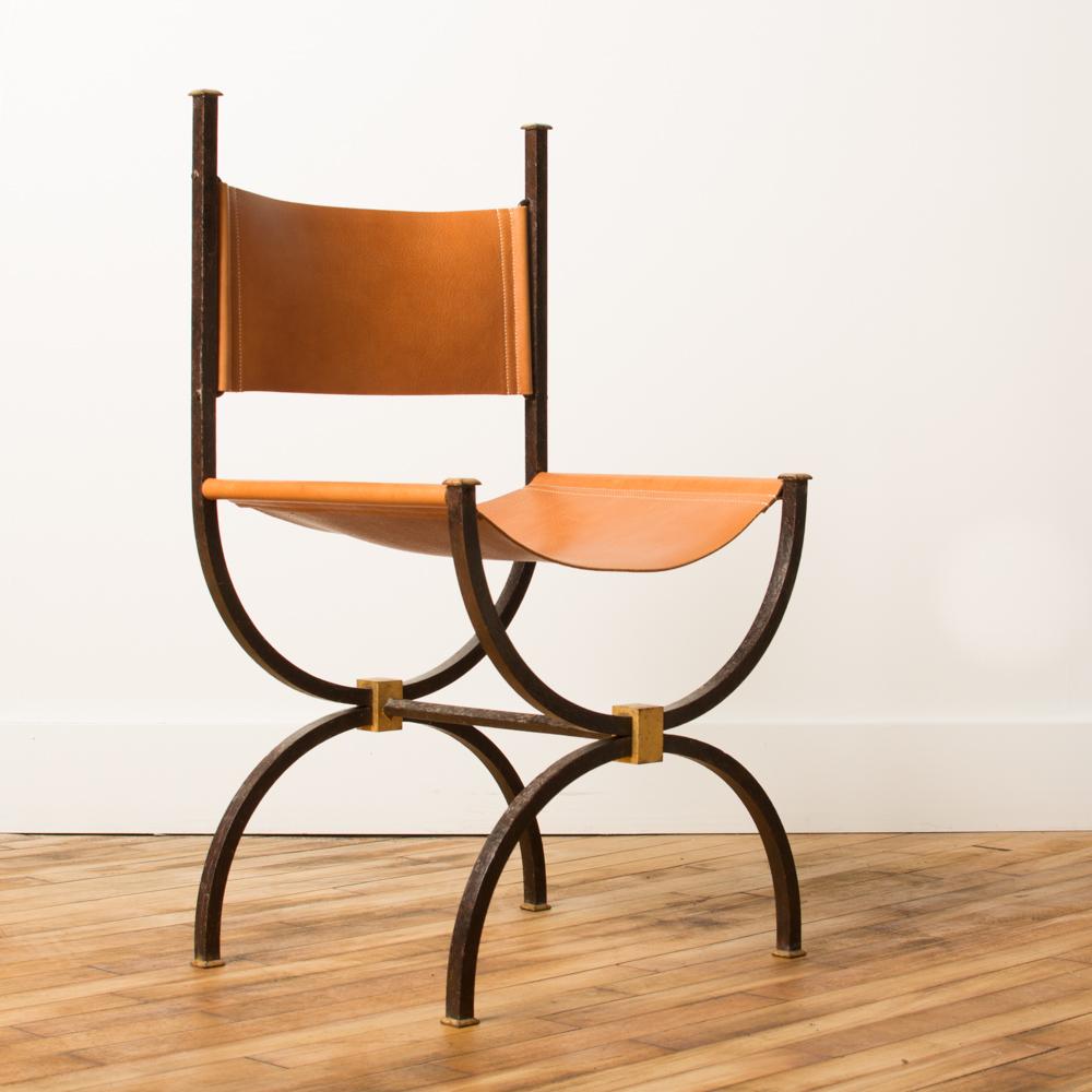 Mid-20th Century Pair of French Iron Side Chairs with Leather Seats, circa 1940