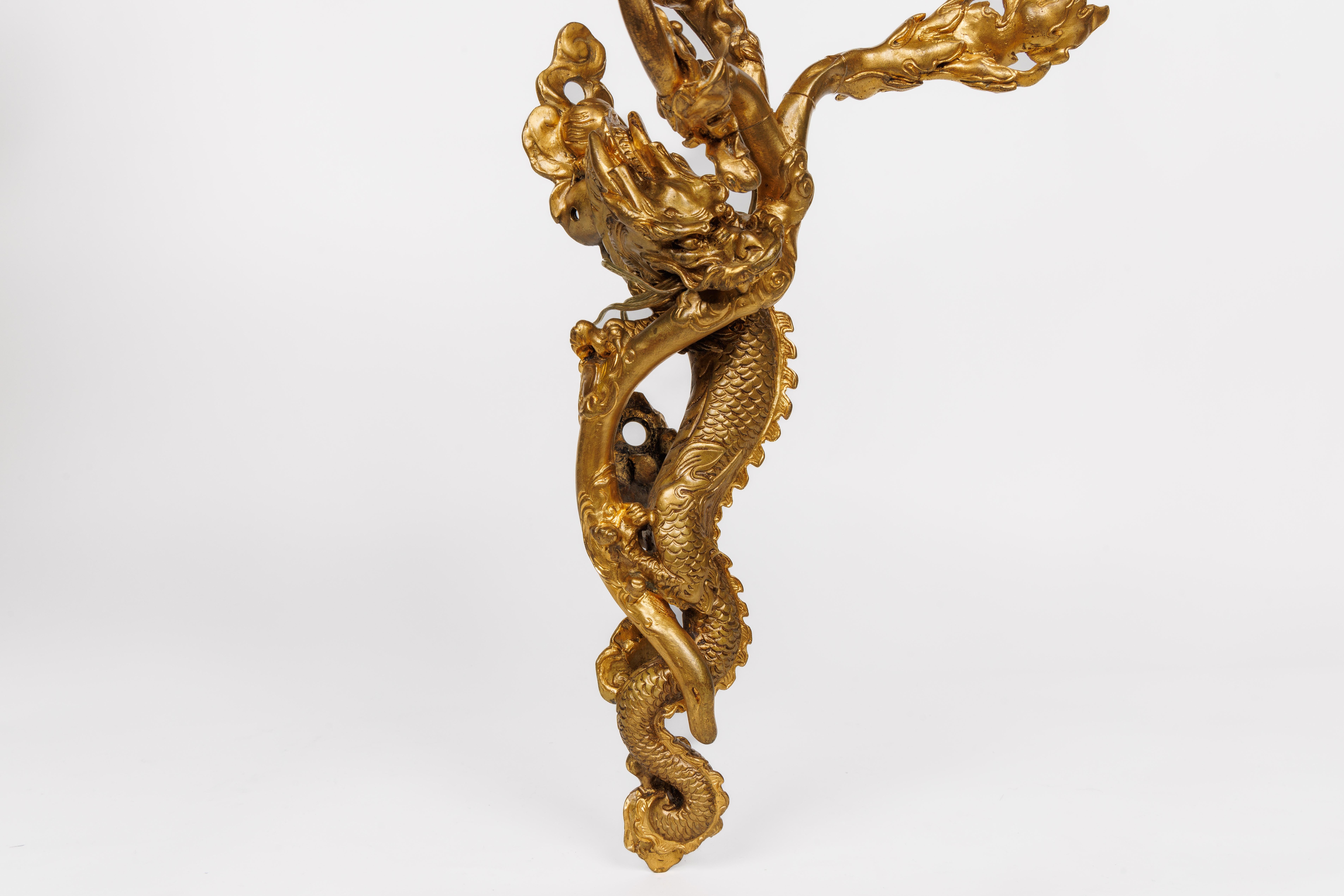 A Pair of French Japonisme Three-Light Dragon Bronze Wall Appliques, Lievre In Good Condition For Sale In New York, NY