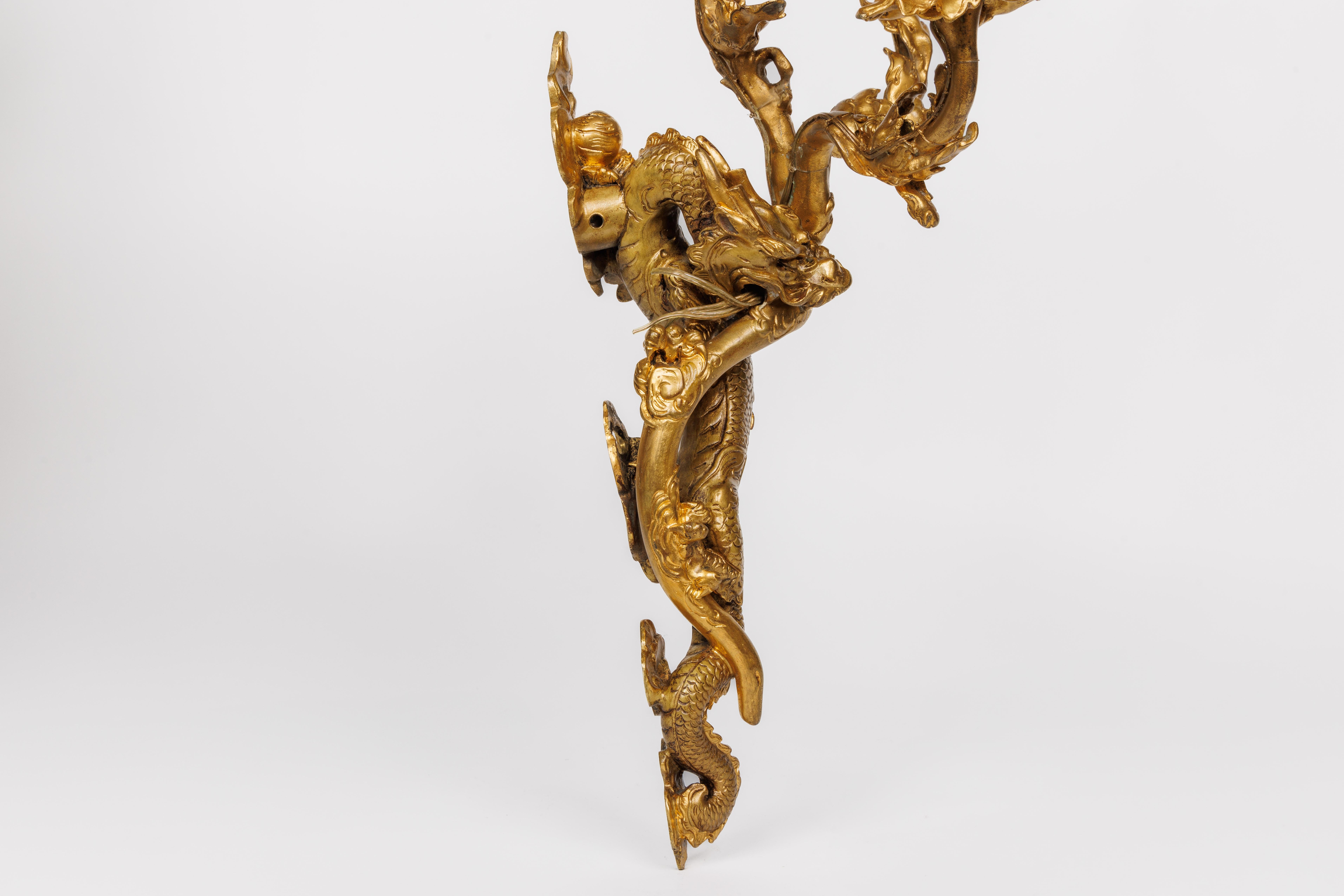 19th Century A Pair of French Japonisme Three-Light Dragon Bronze Wall Appliques, Lievre For Sale