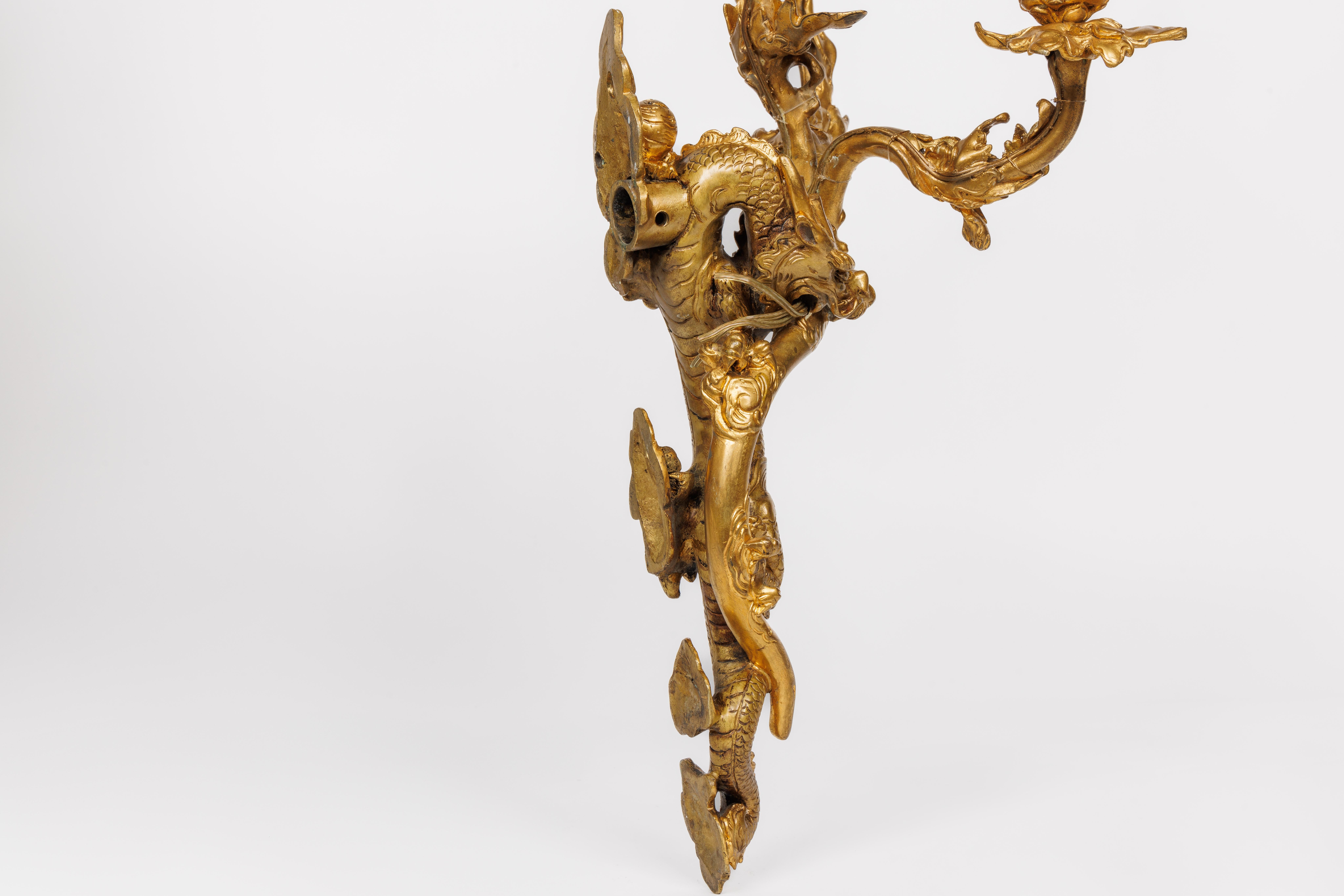 A Pair of French Japonisme Three-Light Dragon Bronze Wall Appliques, Lievre For Sale 1