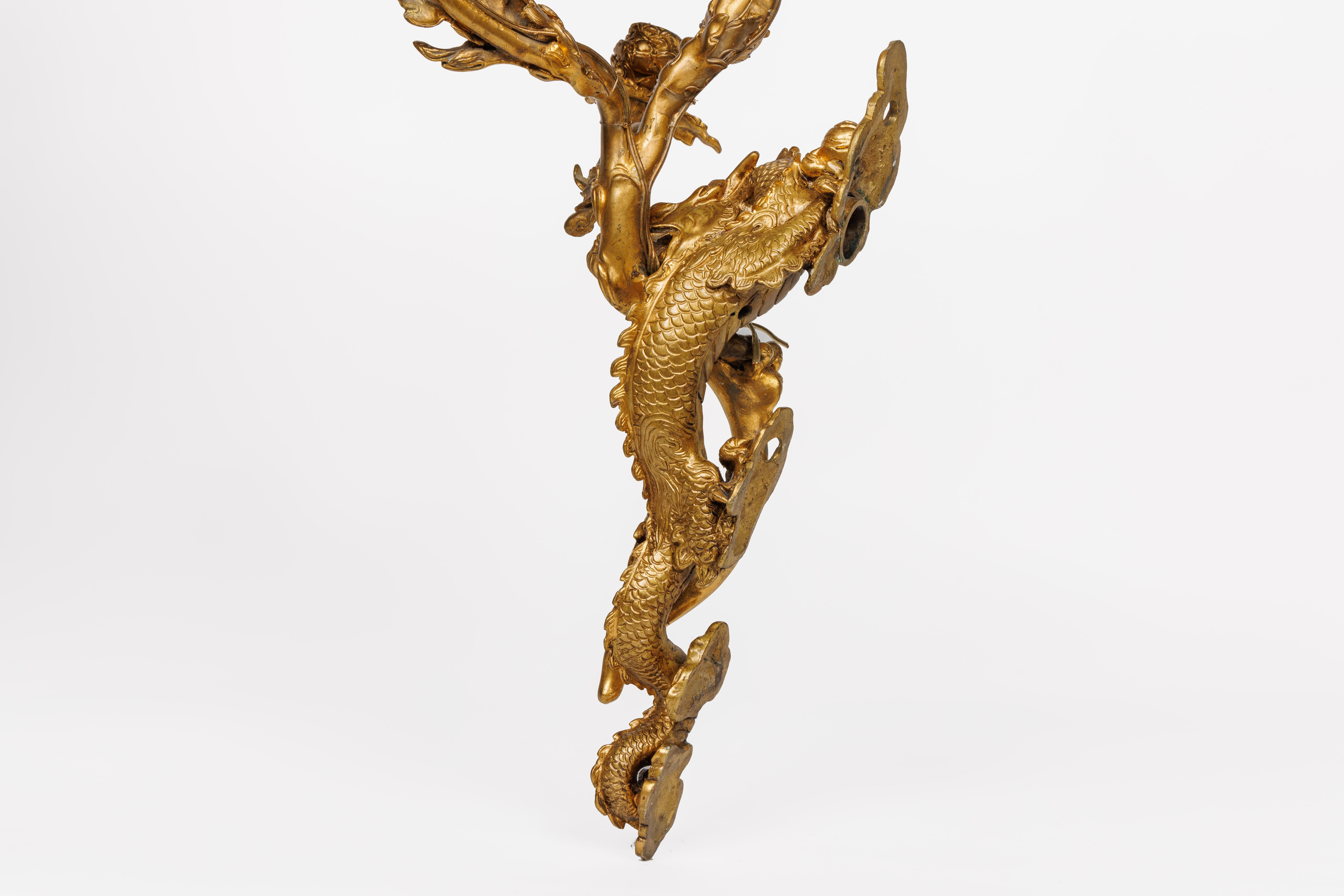 A Pair of French Japonisme Three-Light Dragon Bronze Wall Appliques, Lievre For Sale 3