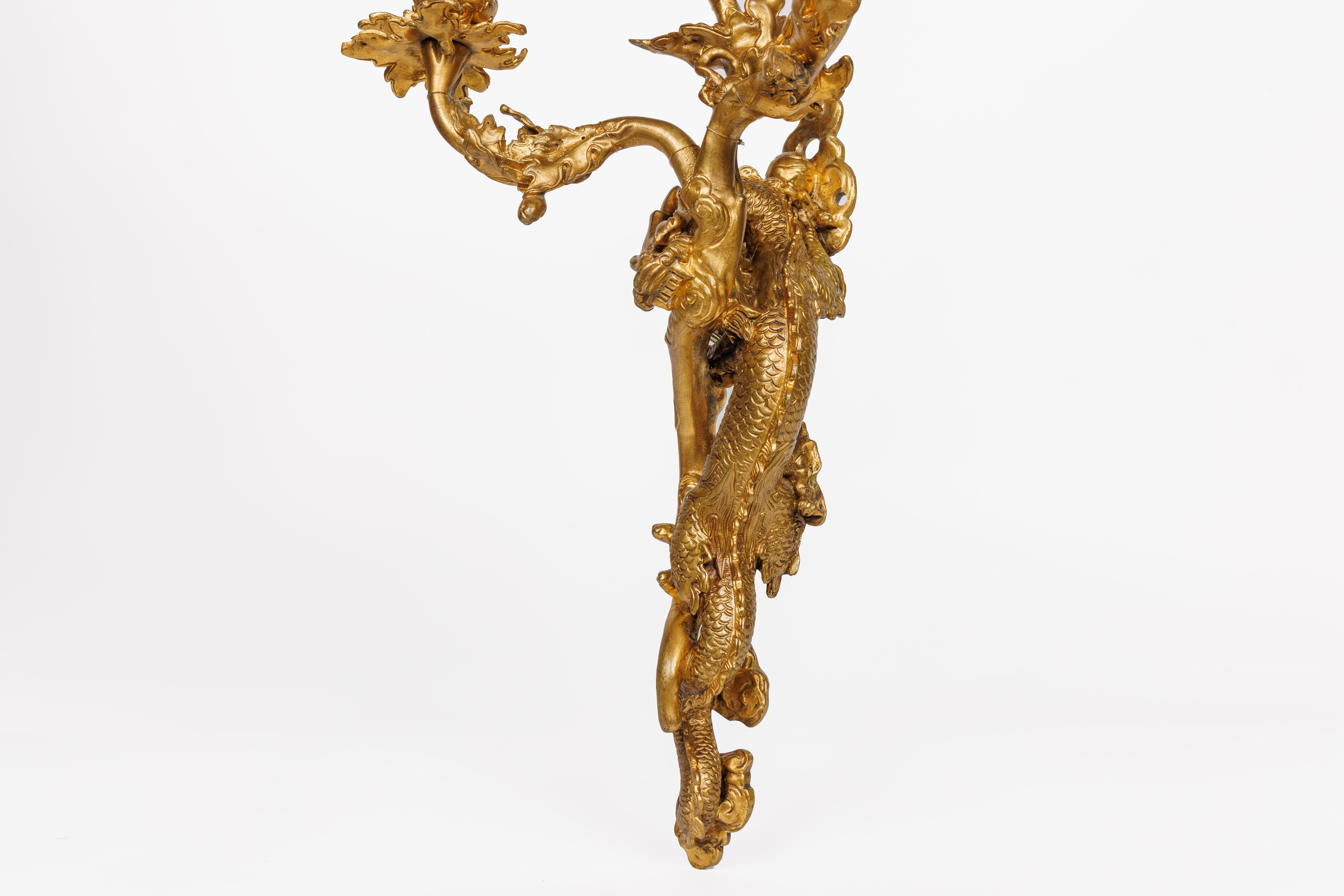 A Pair of French Japonisme Three-Light Dragon Bronze Wall Appliques, Lievre For Sale 4