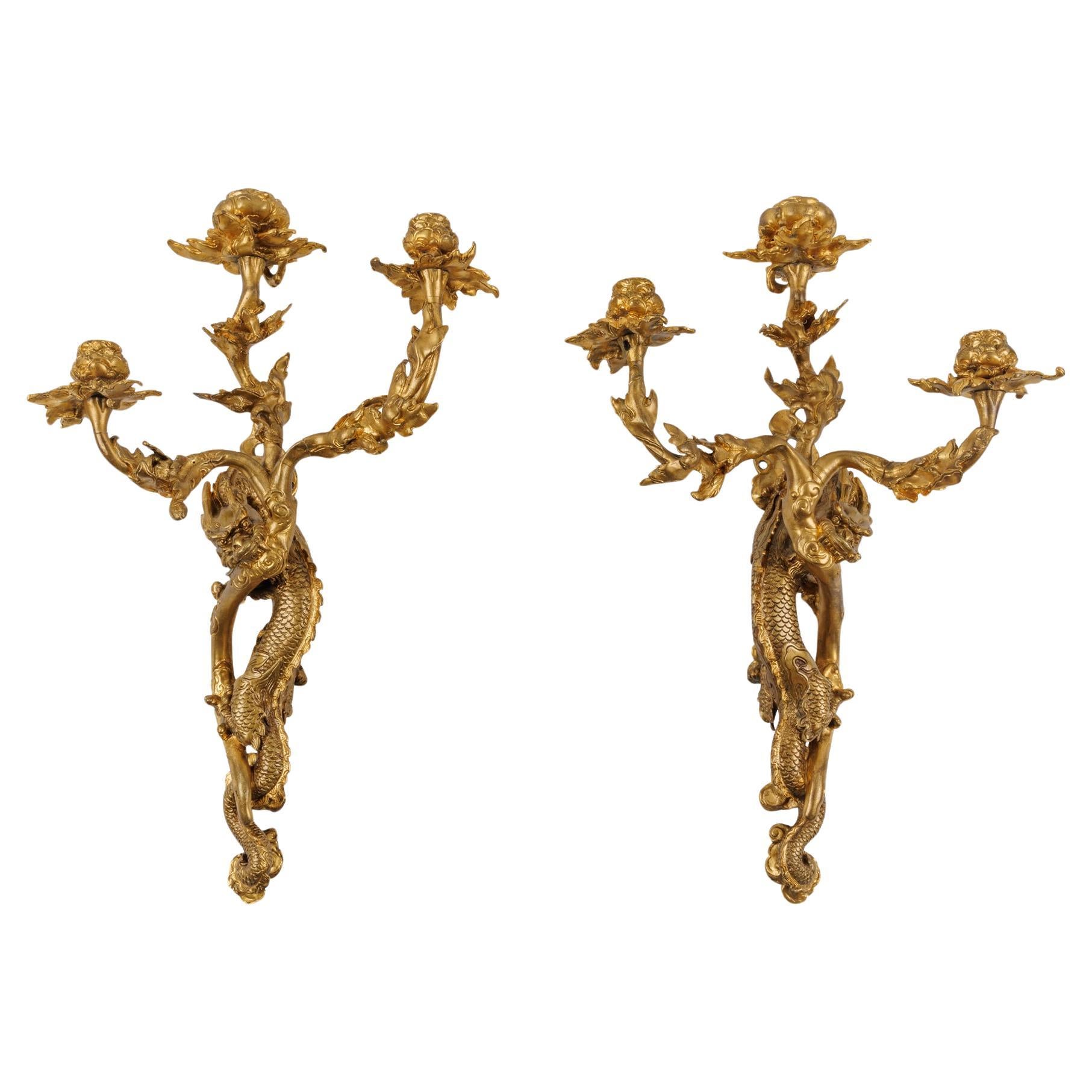 A Pair of French Japonisme Three-Light Dragon Bronze Wall Appliques, Lievre For Sale