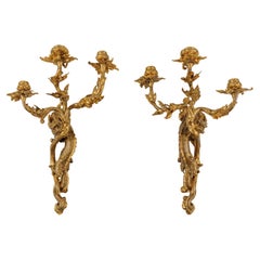 A Pair of French Japonisme Three-Light Dragon Bronze Wall Appliques, Lievre