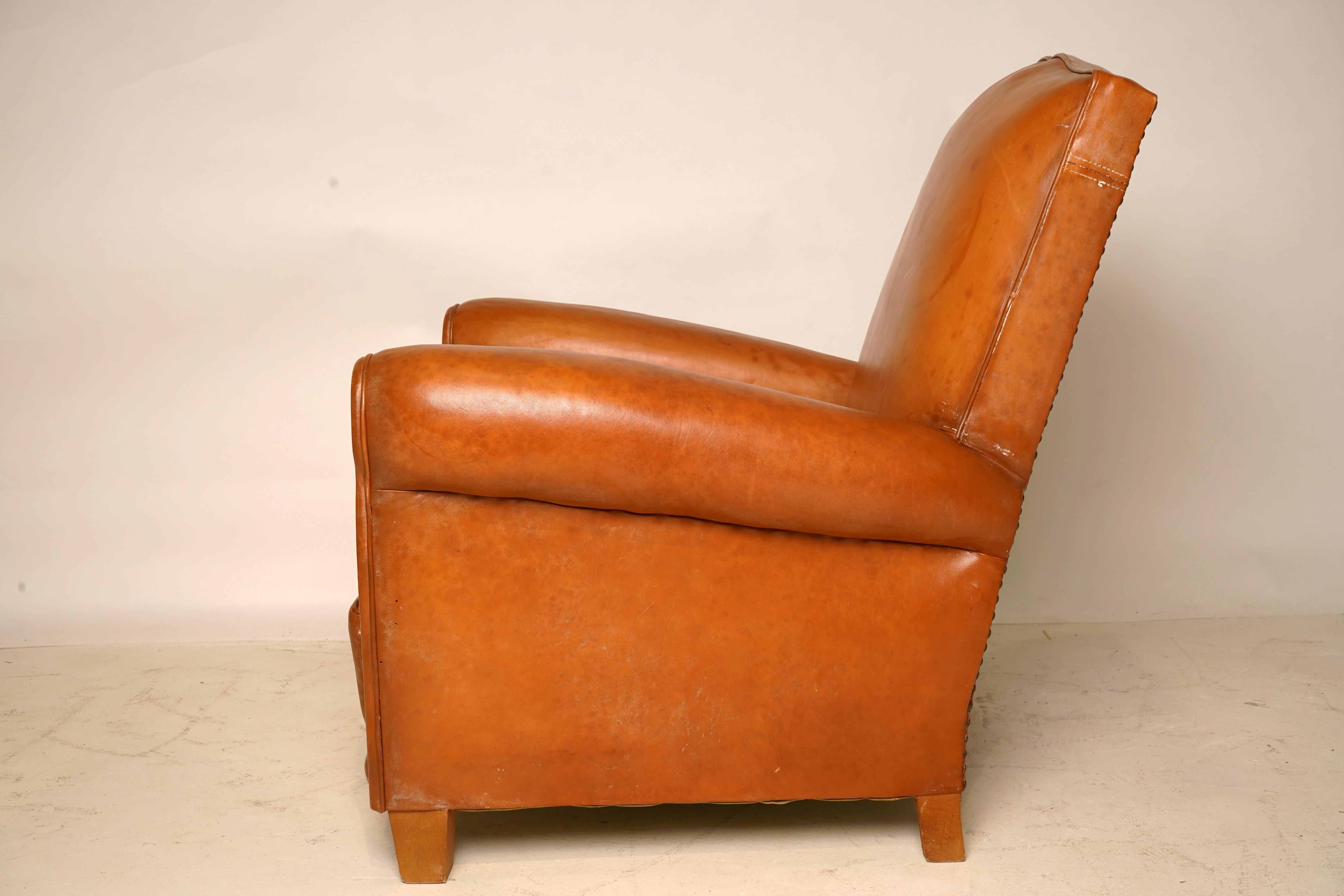 C. 1940 Pair of French Leather Art Deco Club Chairs 5