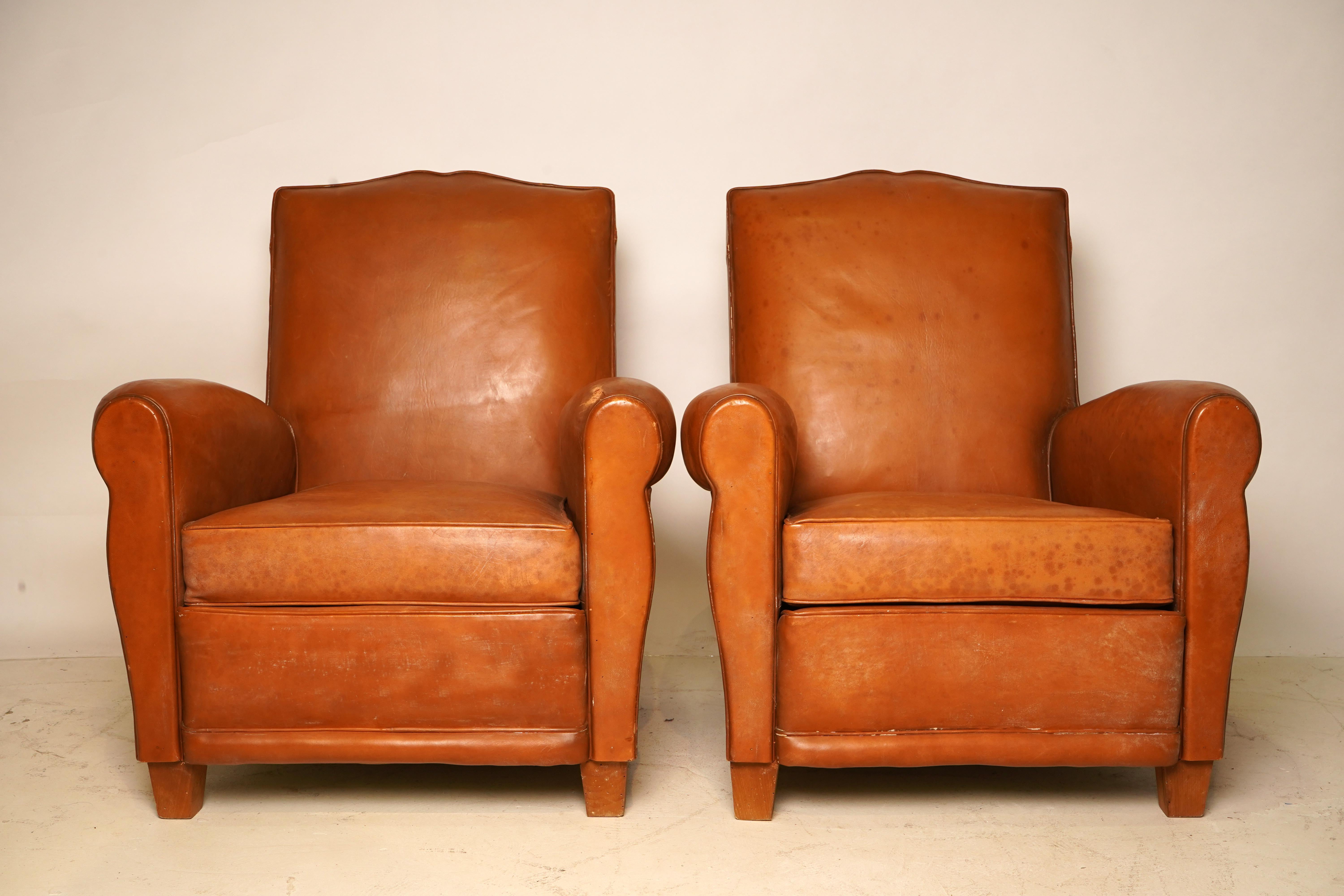 A vintage pair of French Art Deco leather club chairs with original patina. The sheep's leather has been gently cleaned and conditioned. The chairs have a superb 1940's modern shape and modest and tasteful proportions. They harmonize very well with