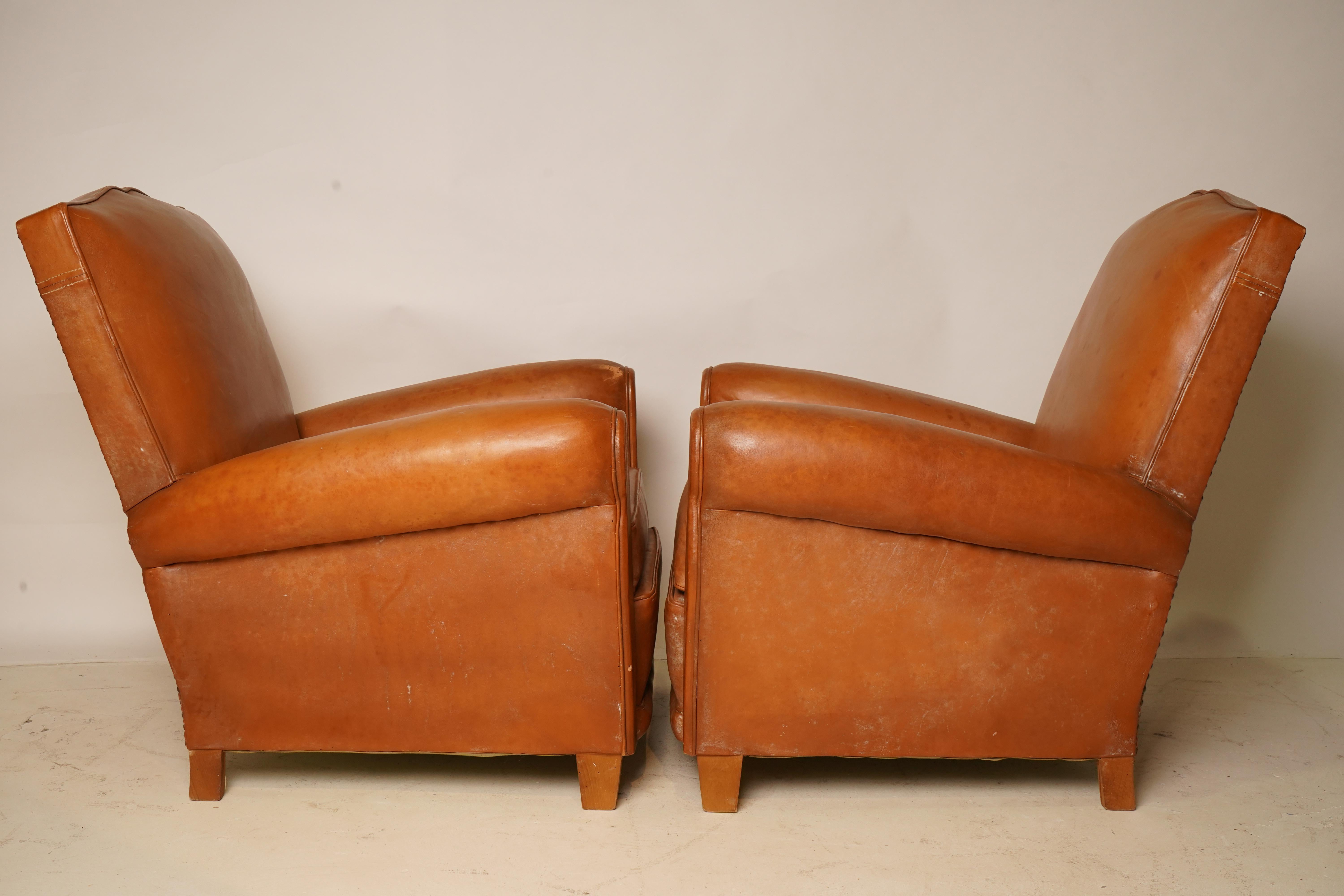 C. 1940 Pair of French Leather Art Deco Club Chairs In Good Condition In Chicago, IL