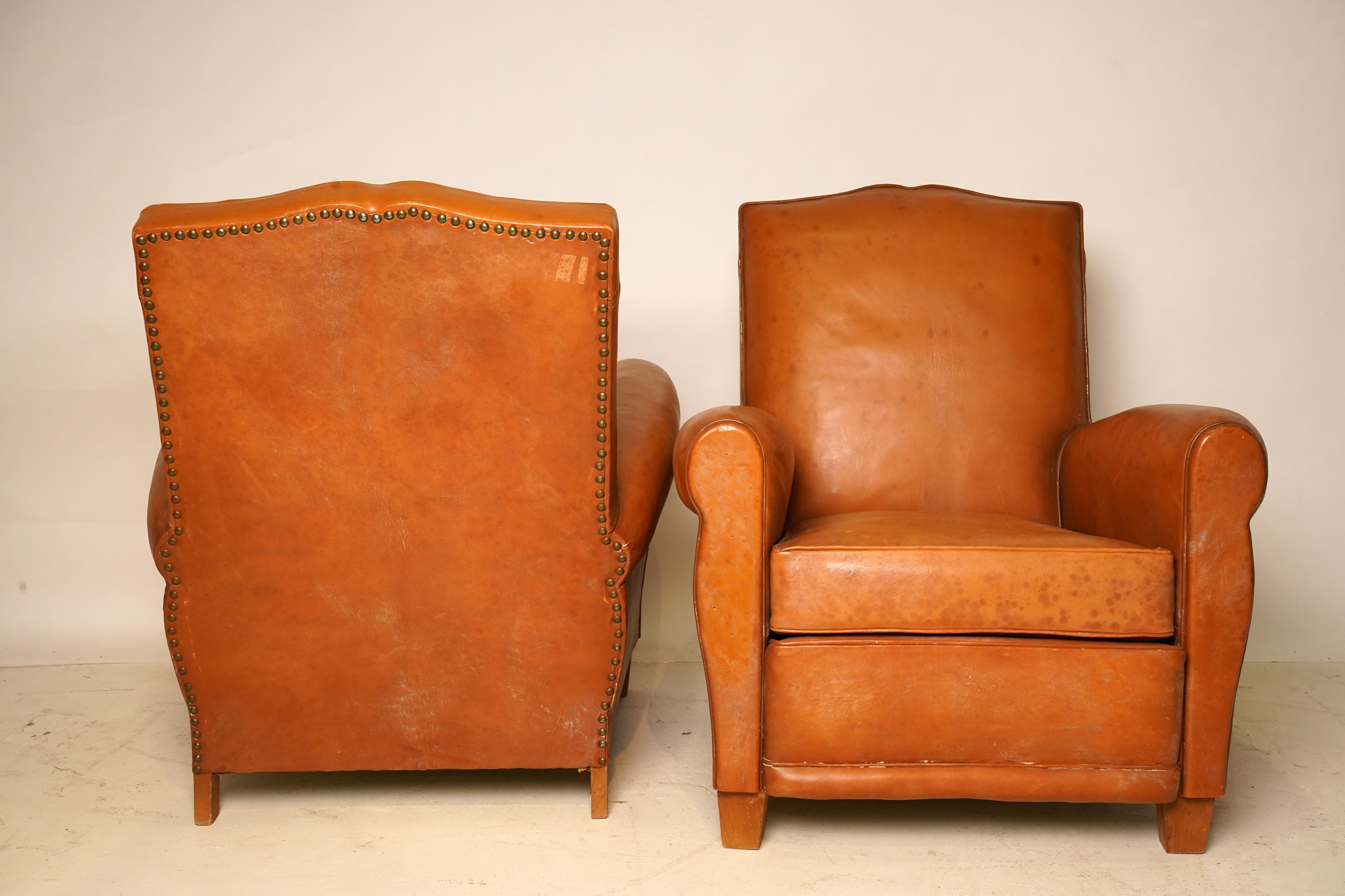 20th Century C. 1940 Pair of French Leather Art Deco Club Chairs