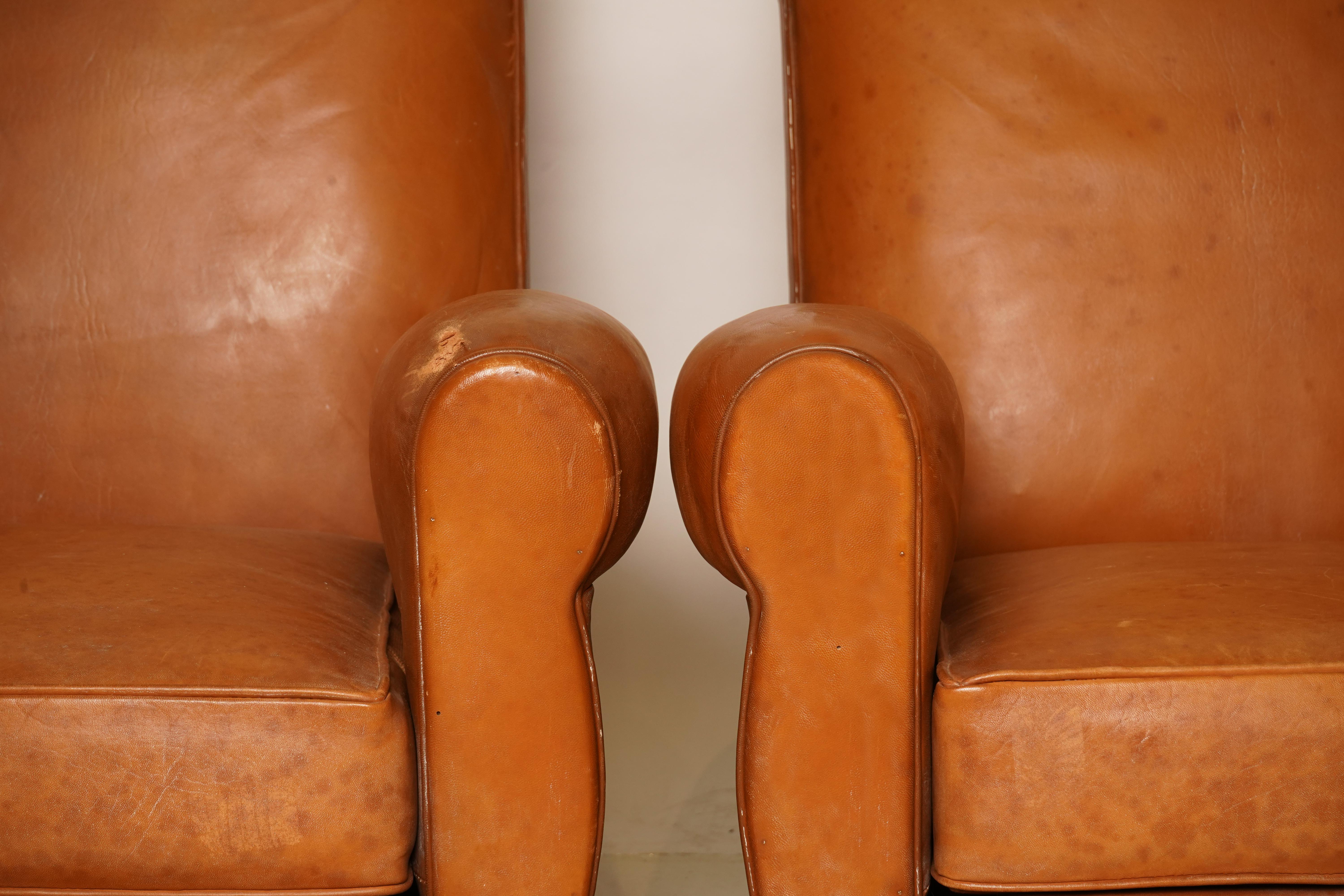 Sheepskin C. 1940 Pair of French Leather Art Deco Club Chairs